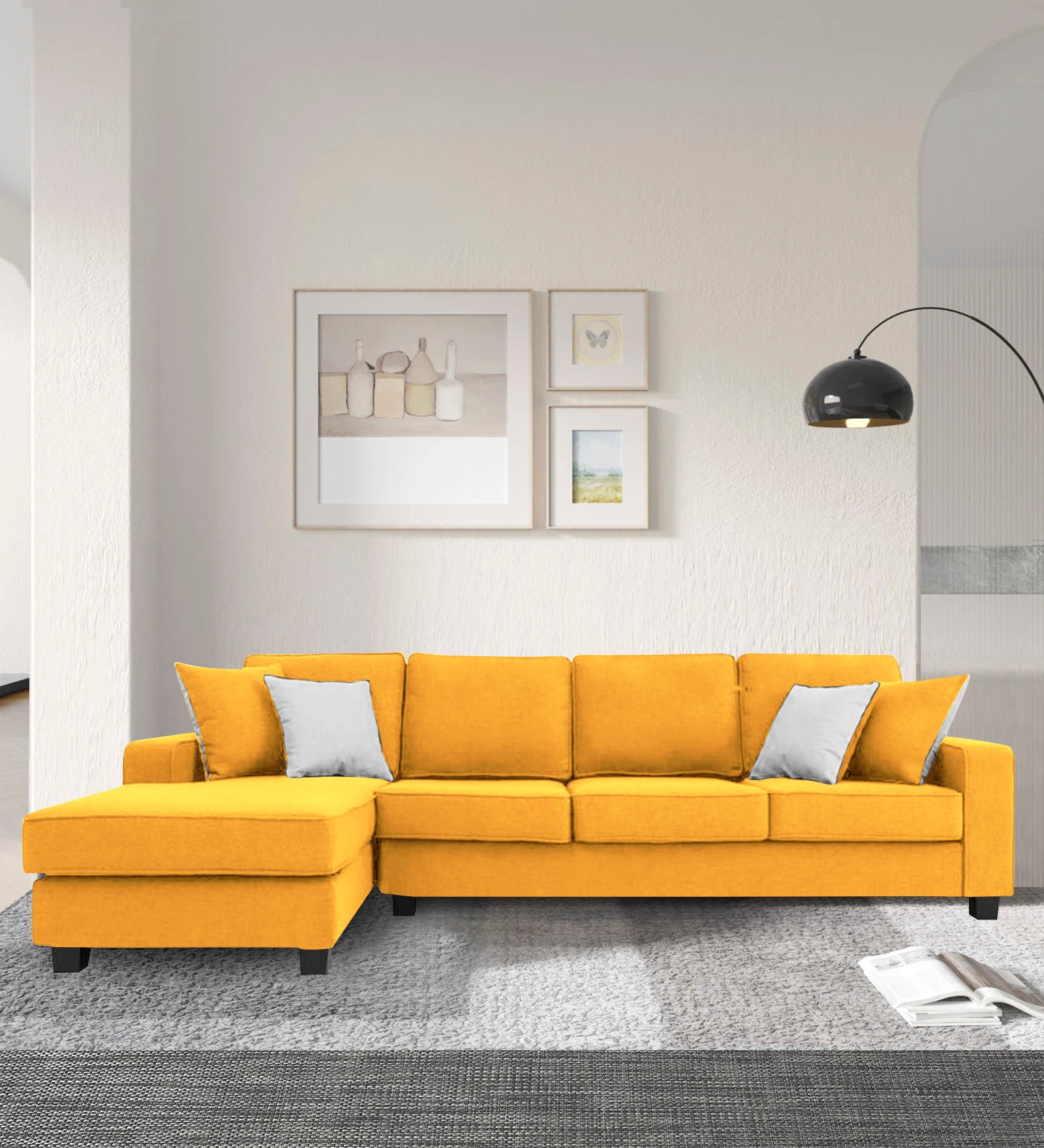 Ladybug Fabric RHS Sectional Sofa (3+Lounger) In Bold Yellow Colour - Febonic Living