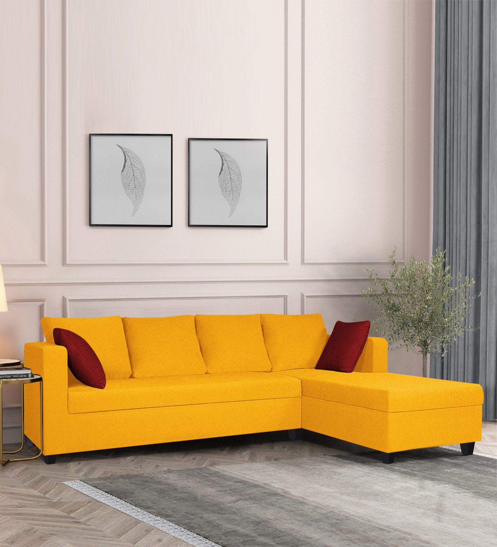 Nebula Fabric LHS Sectional Sofa (3+Lounger) In Bold Yellow Colour - Febonic Living