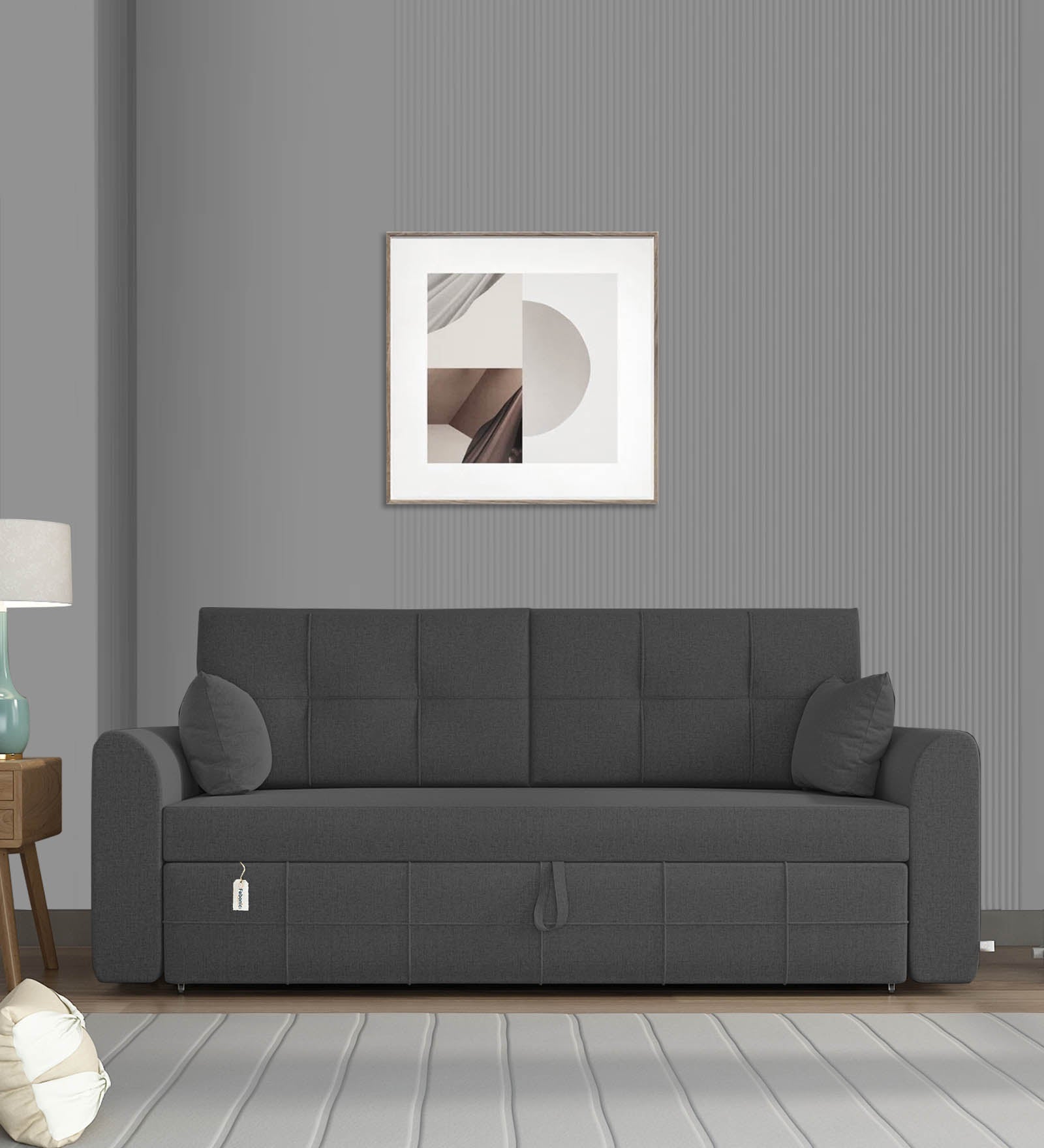 Ines Fabric 3 Seater Pull Out Sofa Cum Bed In Charcoal Grey Colour With Storage - Febonic Living