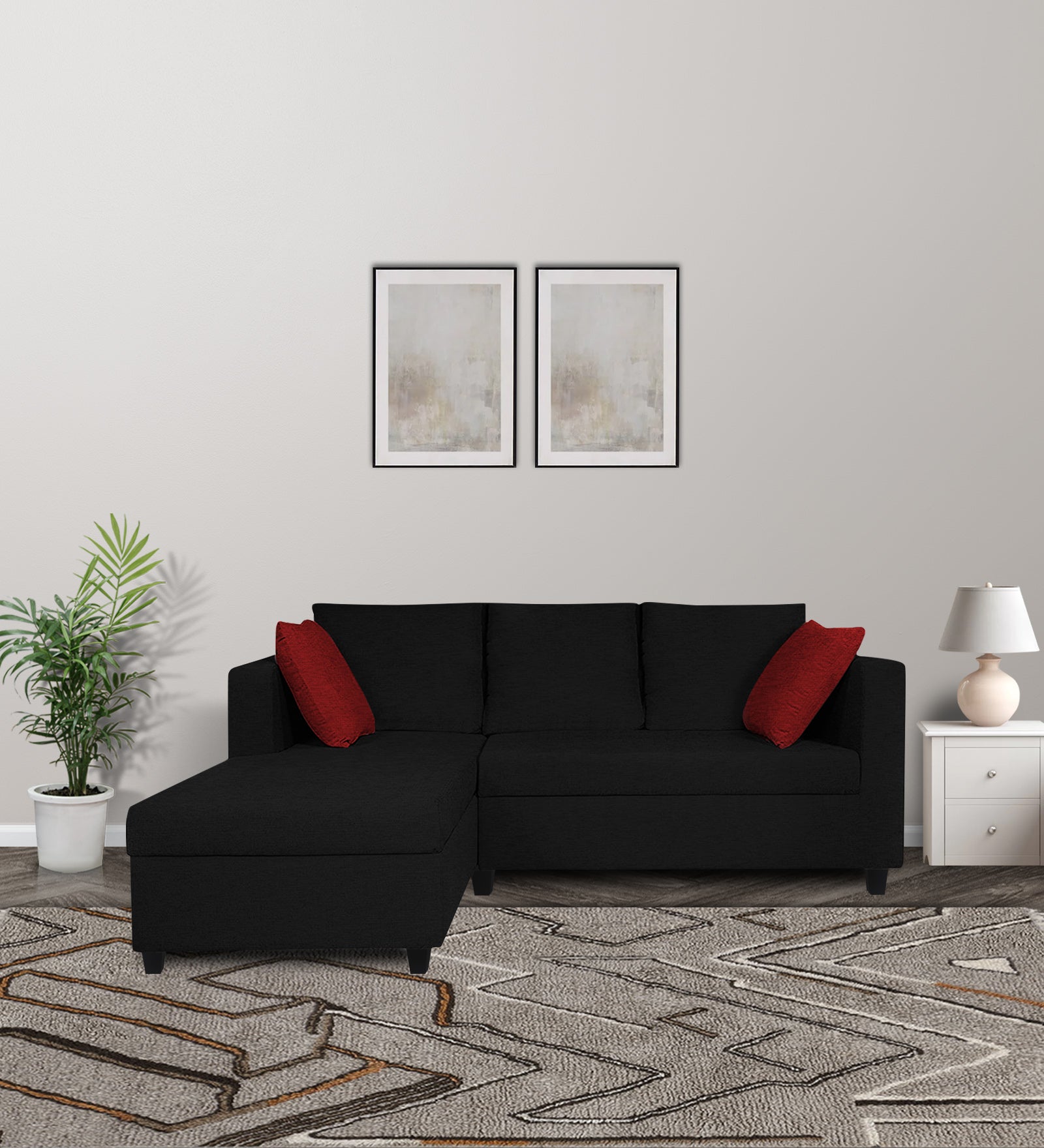 Nebula Fabric RHS Sectional Sofa (2+Lounger) In Zed Black Colour - Febonic Living