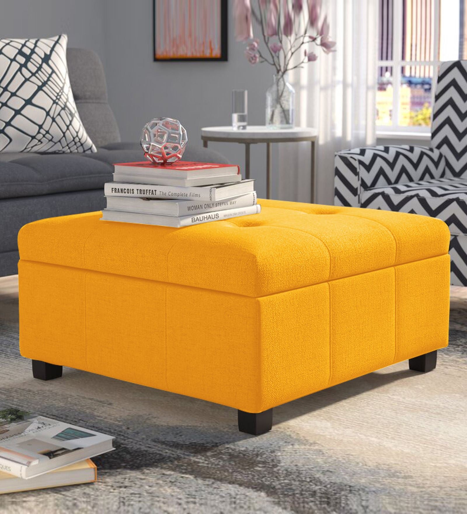 Mubila Fabric Ottoman In Bold Yellow Colour With Storage - Febonic Living