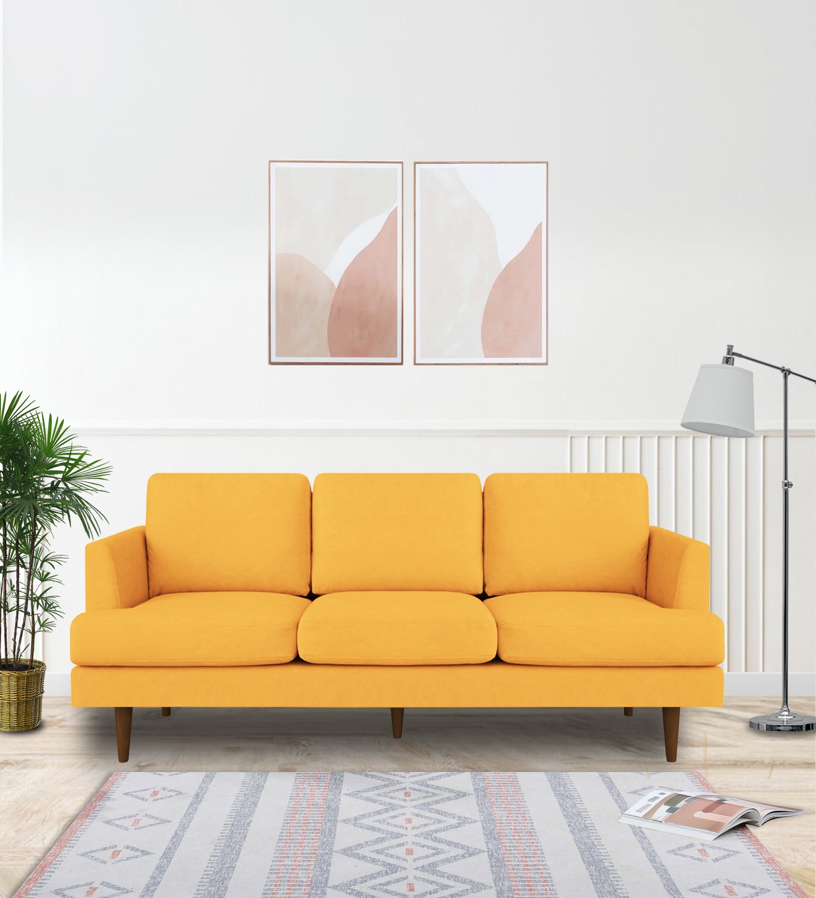 Motra Velvet 3 Seater Sofa In Turmeric yellow Colour - Febonic Living
