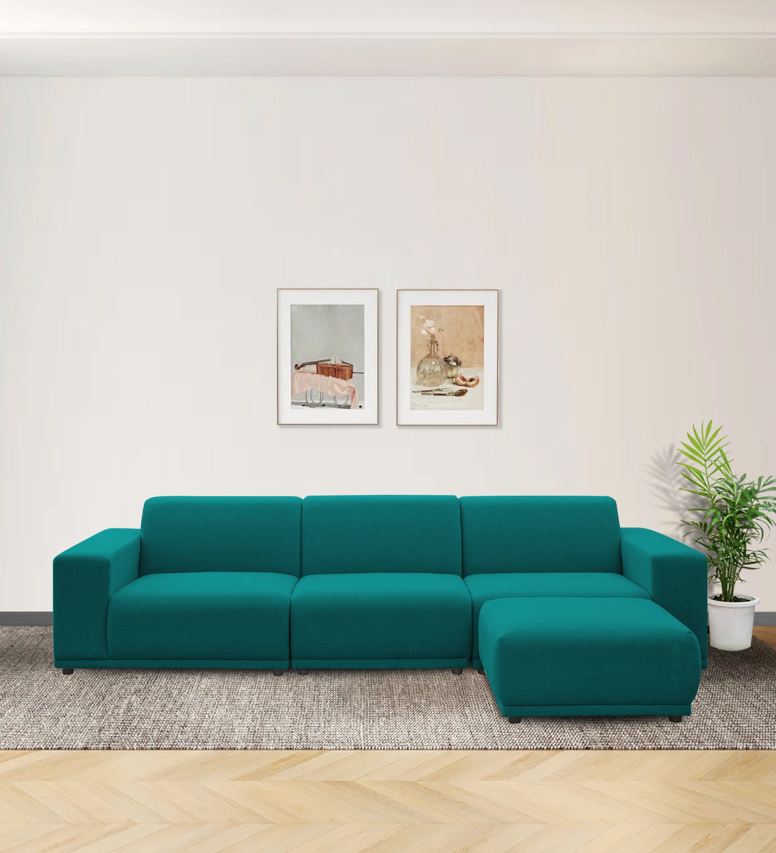 Adam Fabric RHS Sectional Sofa (3+Ottoman Lounger) In Sea green Colour - Febonic Living