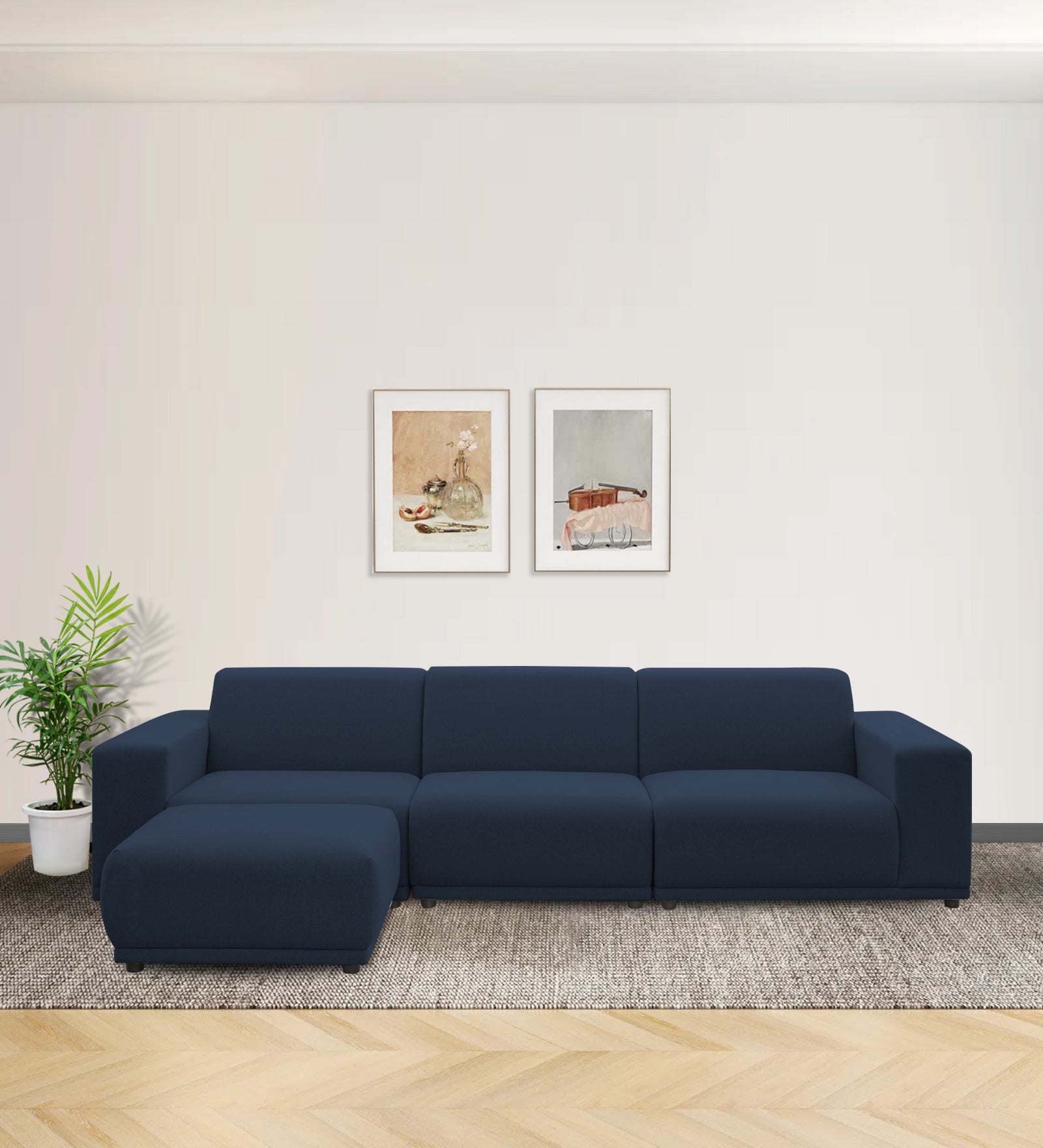 Adam Fabric LHS Sectional Sofa (3+Ottoman Lounger) In Denim Blue Colour - Febonic Living