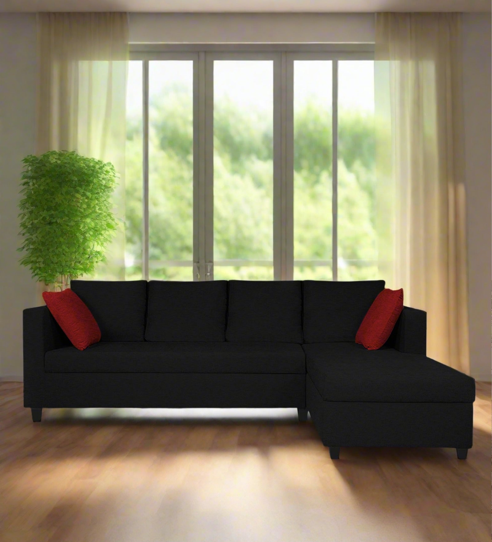 Nebula Fabric LHS Sectional Sofa (3+Lounger) In Zed Black Colour - Febonic Living