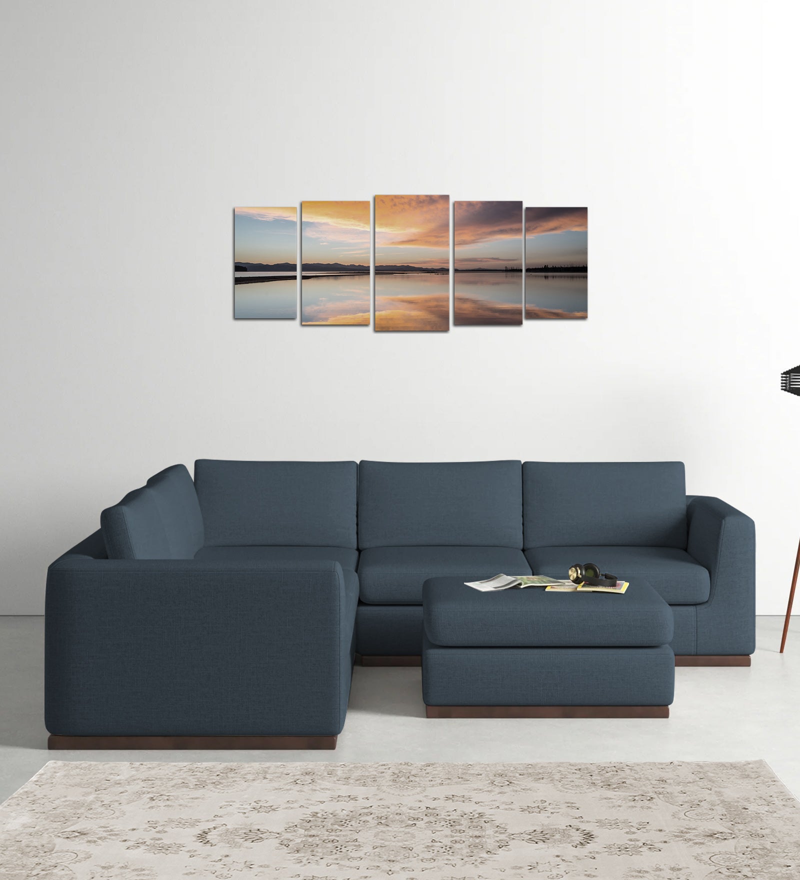 Freedom Velvet 6 Seater LHS Corner Sofa In Oxford Blue Colour With Ottoman - Febonic Living