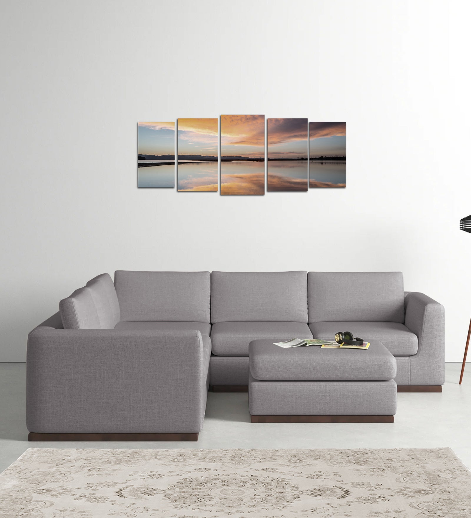 Freedom Velvet 6 Seater LHS Corner Sofa In Concrete Grey Colour With Ottoman - Febonic Living