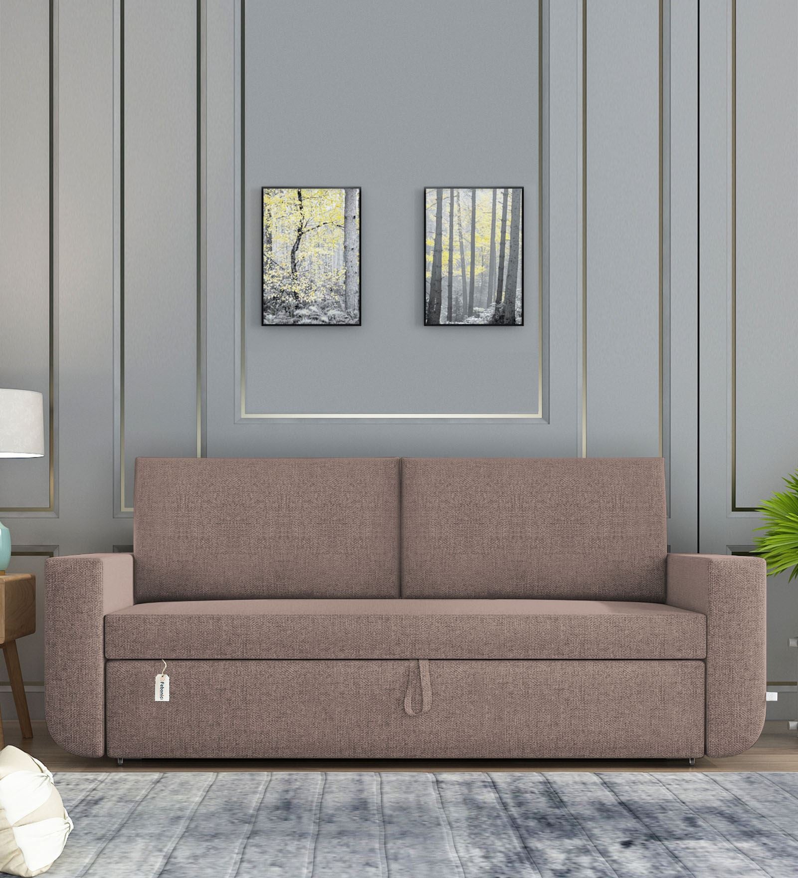 Grace Fabric 3 Seater Pull Out Sofa Cum Bed In Kadhi Beige Colour With Storage - Febonic Living