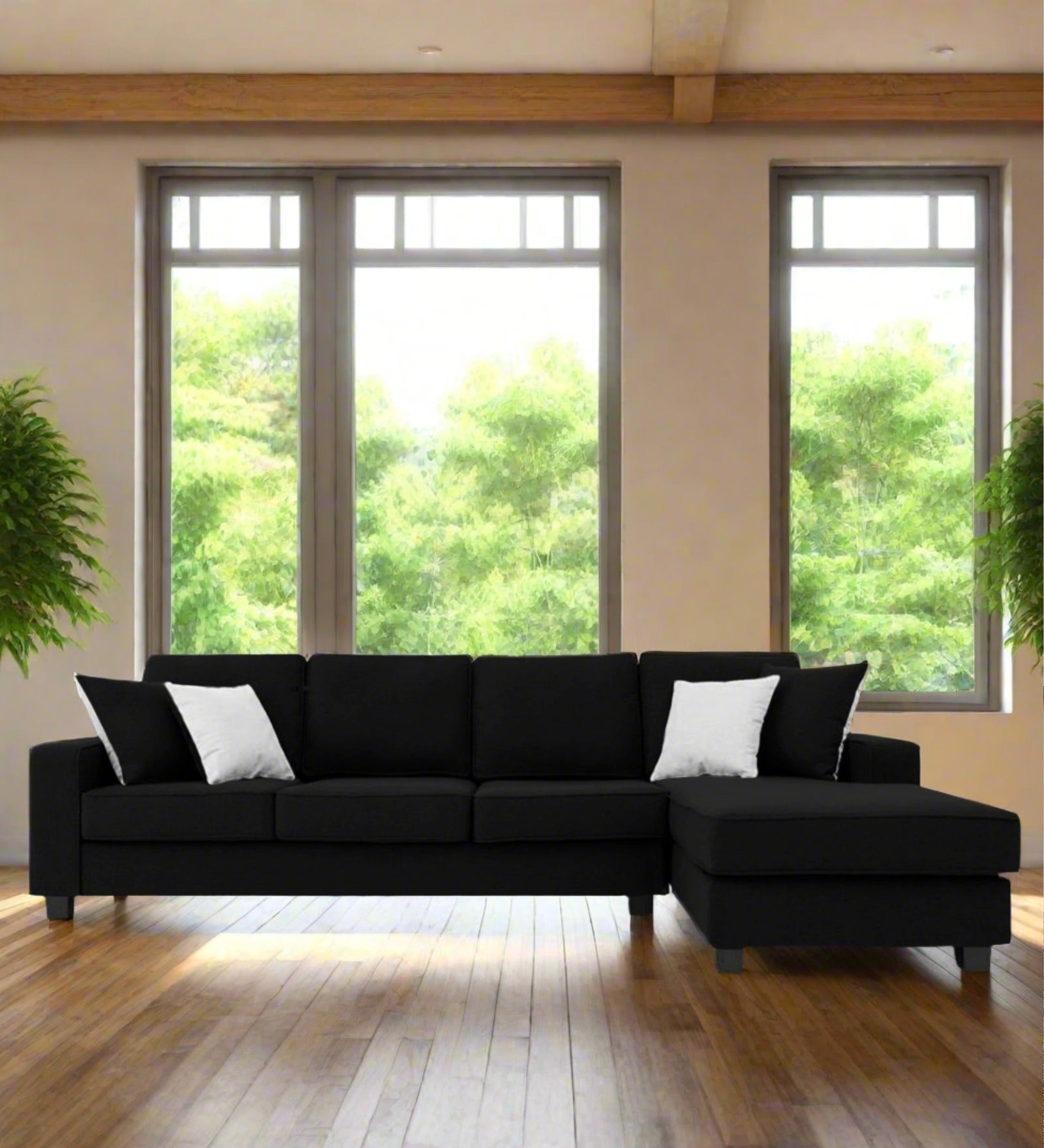 Ladybug Fabric LHS Sectional Sofa (3+Lounger) In Zed Black Colour - Febonic Living