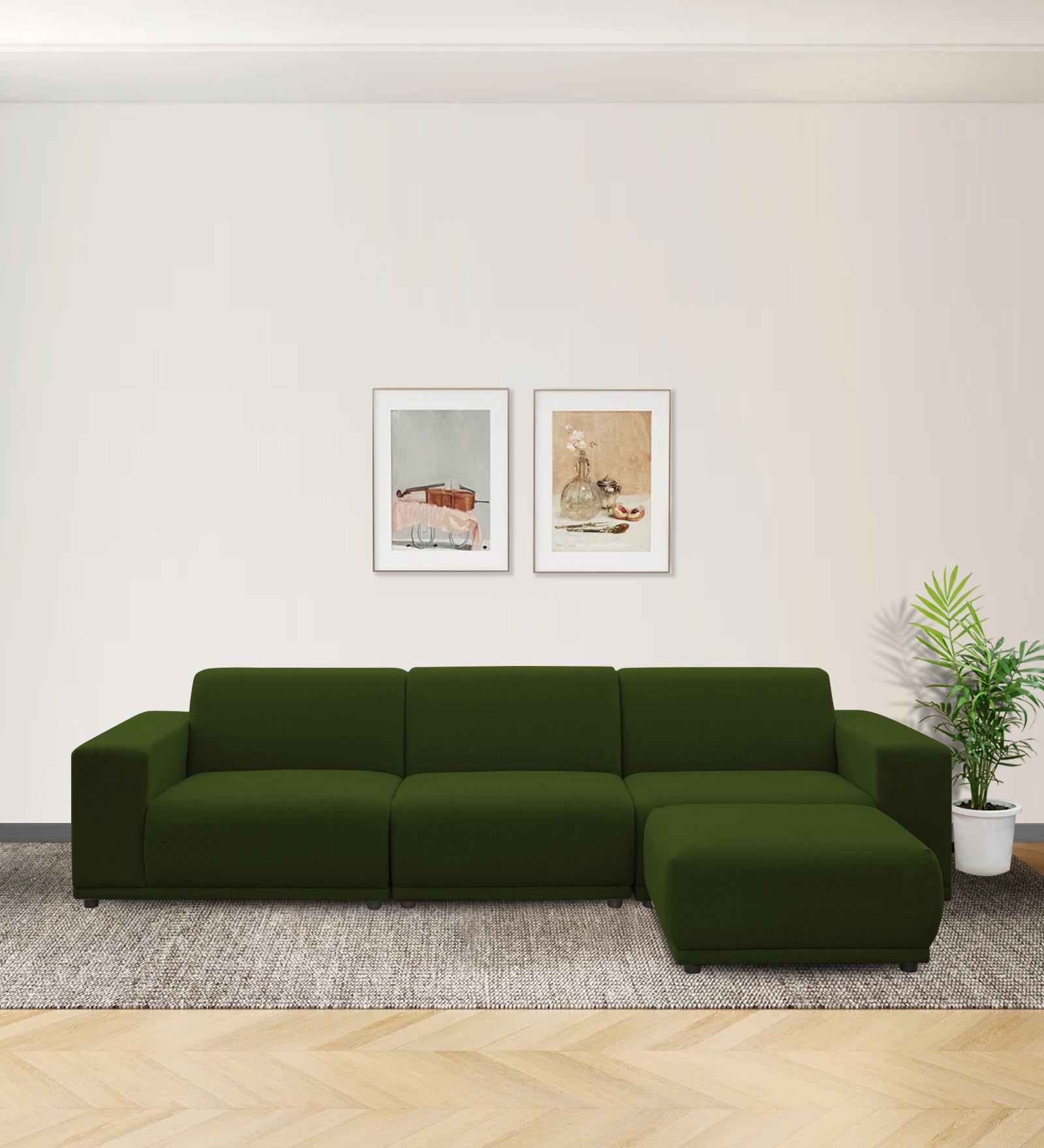 Adam Fabric RHS Sectional Sofa (3+Ottoman Lounger) In Olive Green Colour - Febonic Living
