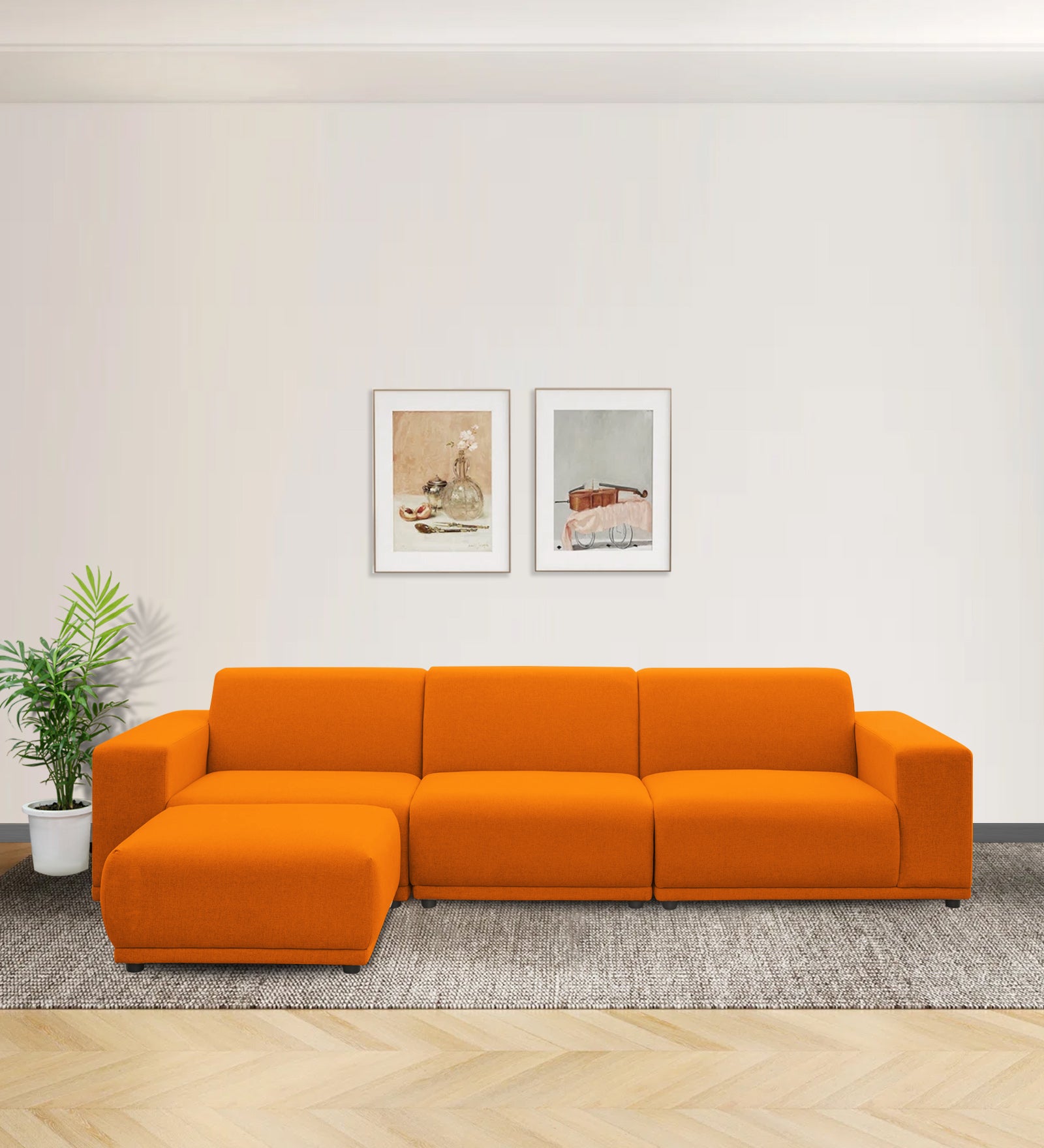 Adam Fabric LHS Sectional Sofa (3+Ottoman Lounger) In Vivid Orange Colour - Febonic Living