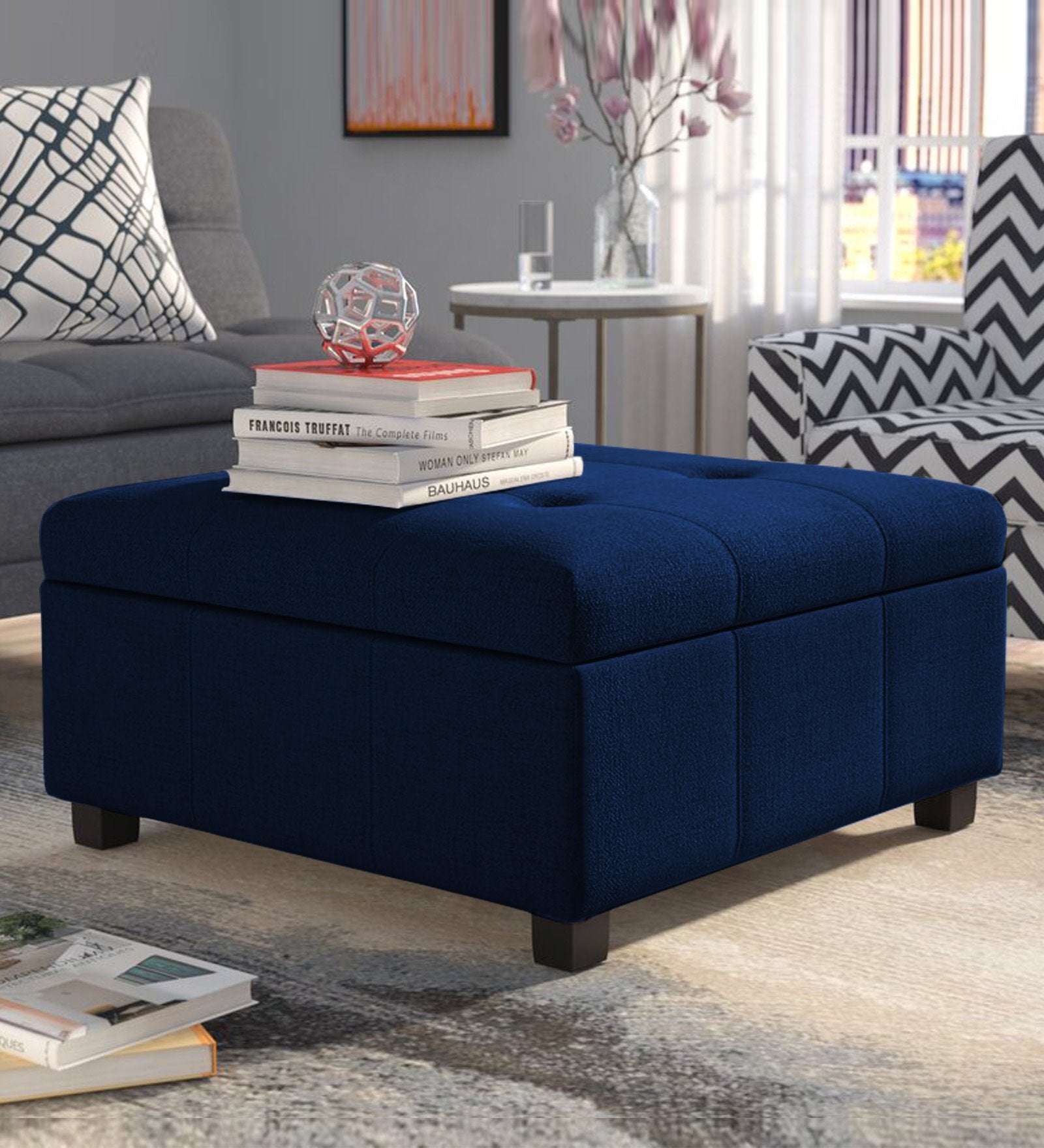 Balkan Fabric Pouffe In Royal Blue Colour - Febonic Living