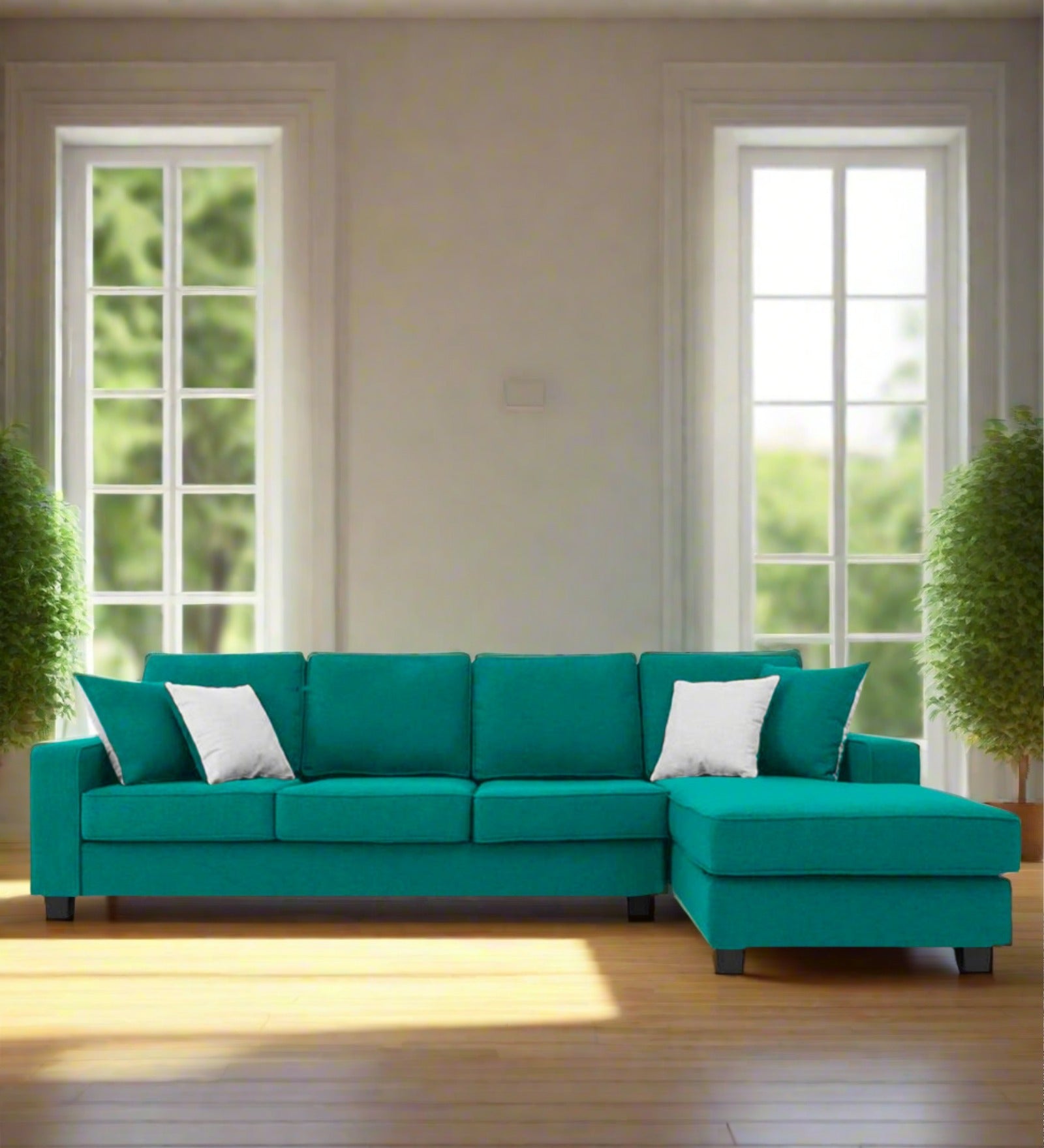 Ladybug Fabric LHS Sectional Sofa (3+Lounger) In Sea Green Colour - Febonic Living