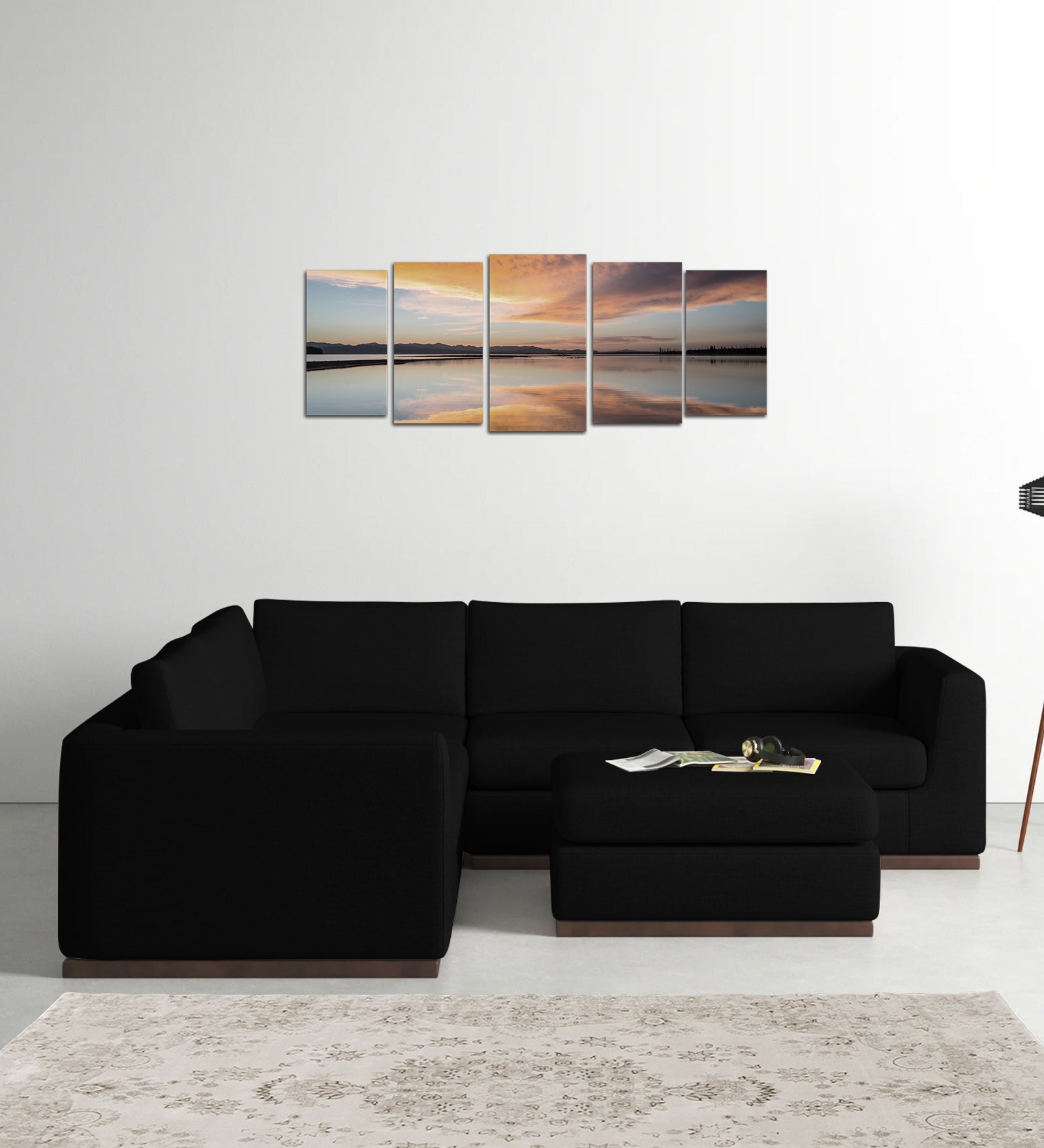 Freedom Velvet 6 Seater LHS Corner Sofa In Adam Black Colour With Ottoman - Febonic Living