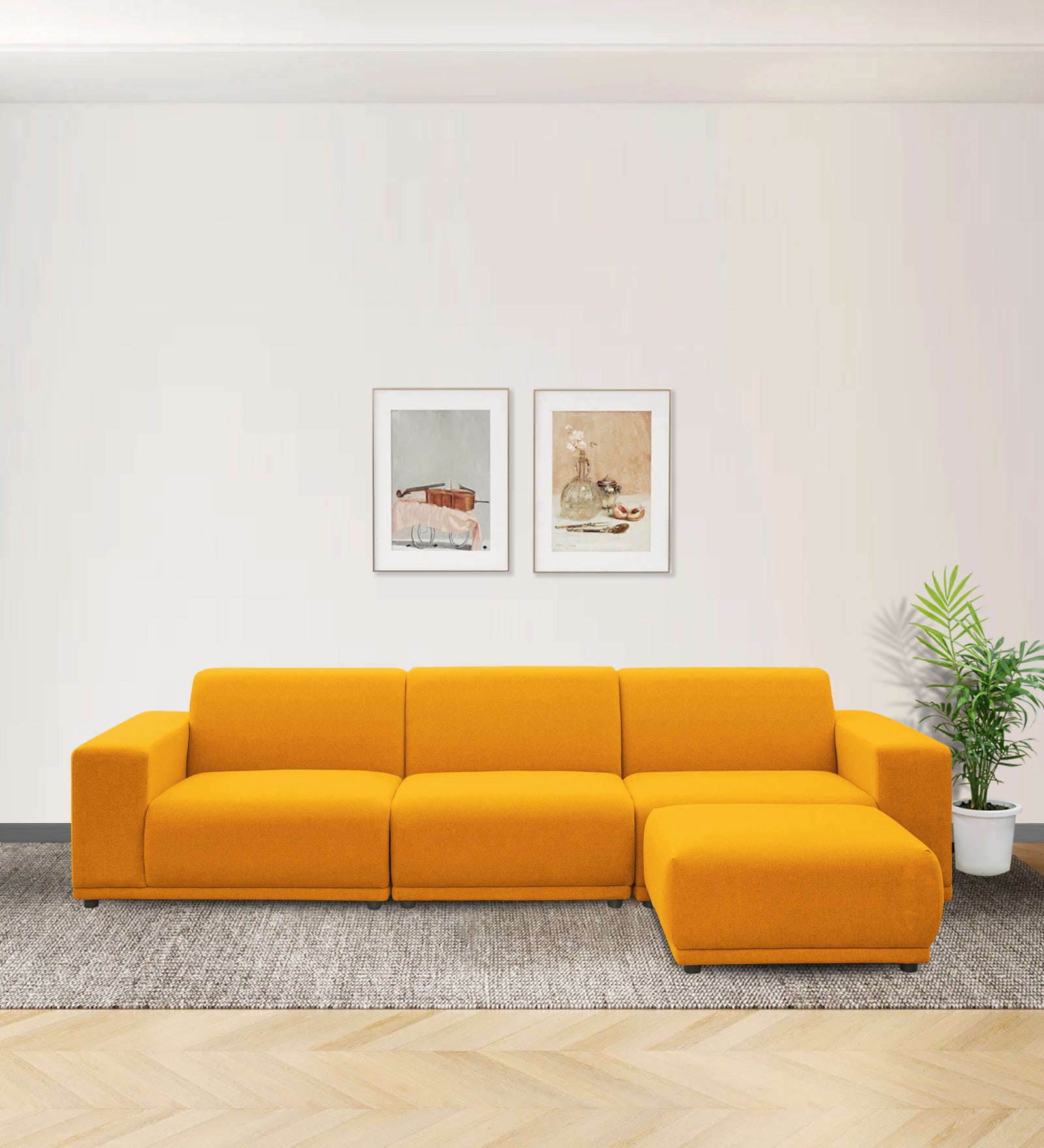 Adam Fabric RHS Sectional Sofa (3+Ottoman Lounger) In Bold Yellow Colour - Febonic Living