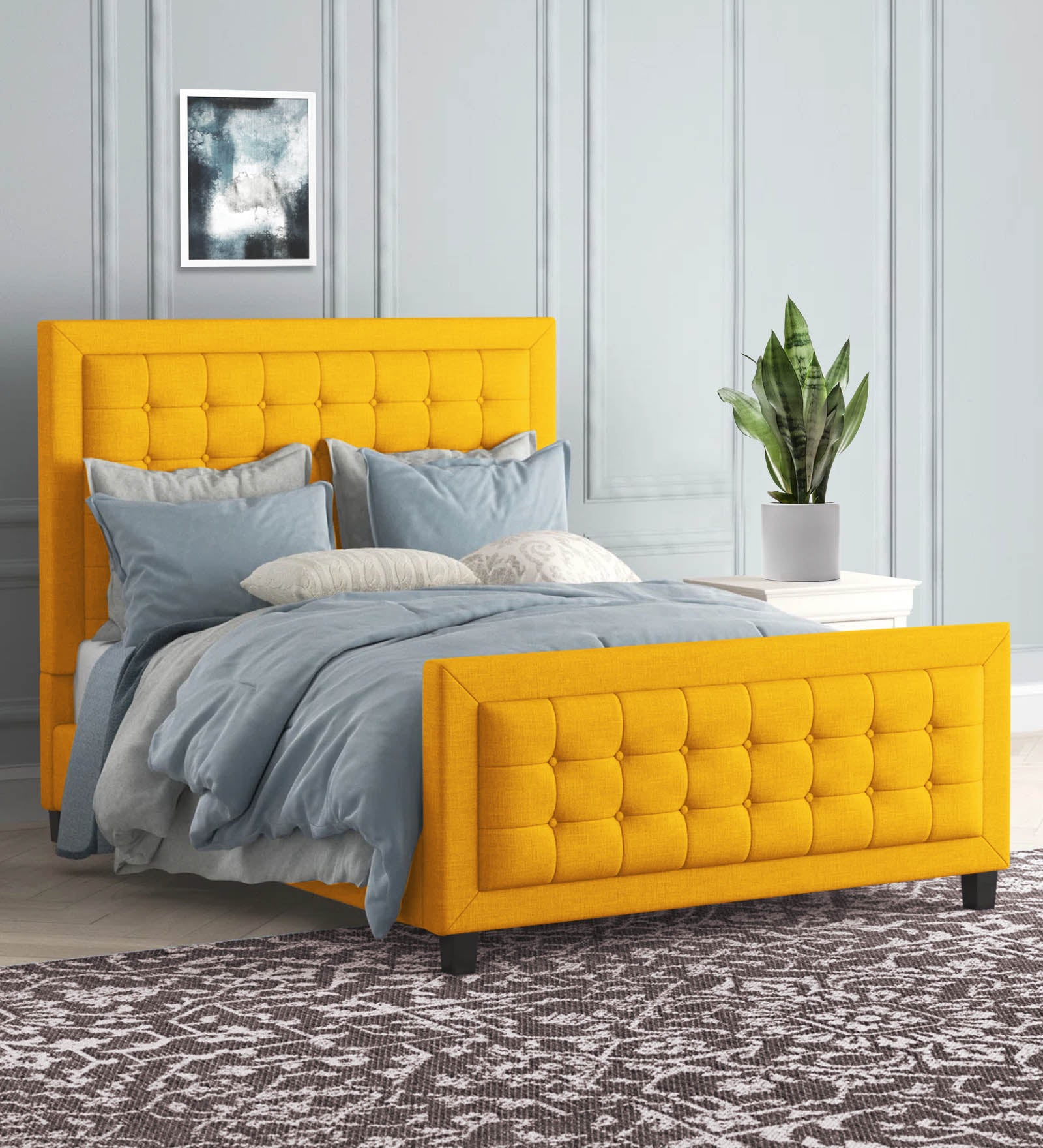 Kaster Fabric Queen Size Bed In Bold Yellow Colour - Febonic Living