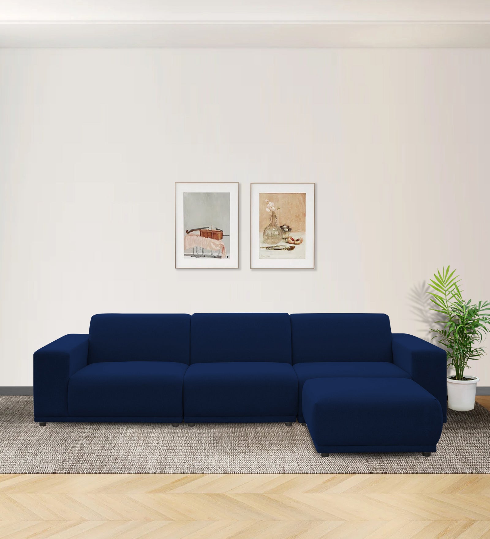Adam Fabric RHS Sectional Sofa (3+Ottoman Lounger) In Royal Blue Colour - Febonic Living