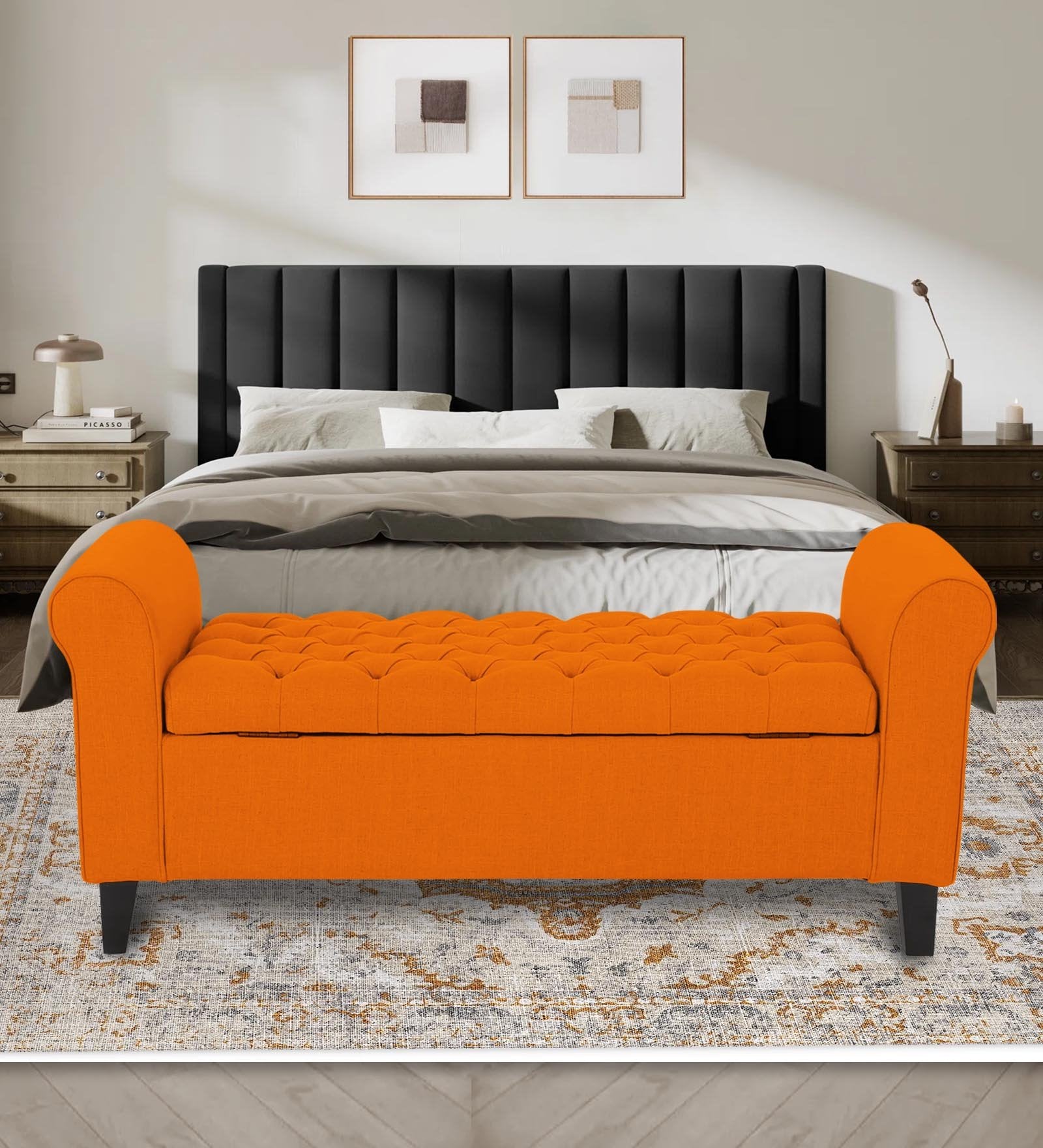 Nowia Fabric 3 Seater Recamier In Vivid Orange Colour With Storage - Febonic Living