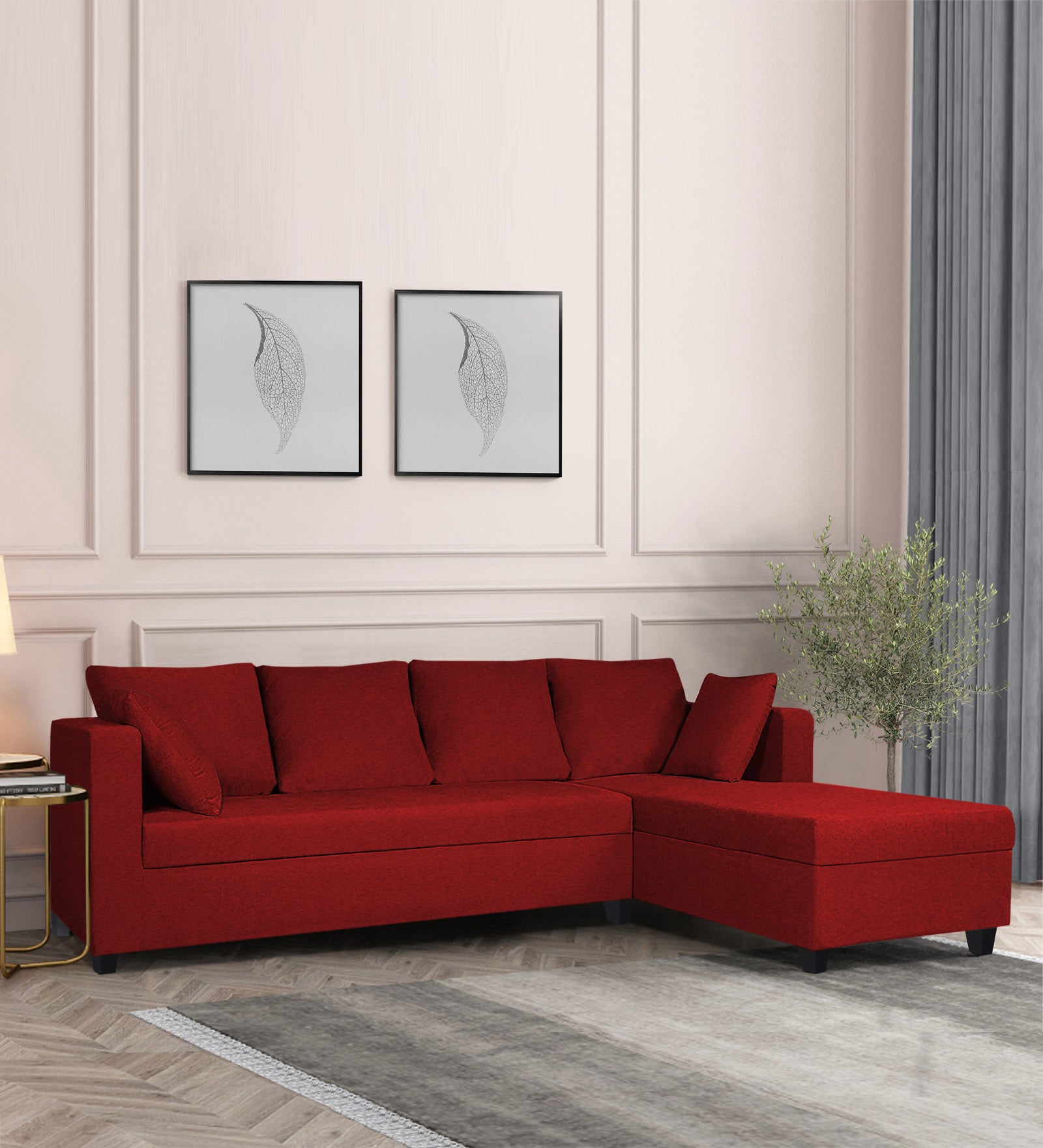 Nebula Fabric LHS Sectional Sofa (3+Lounger) In Blood Maroon Colour - Febonic Living