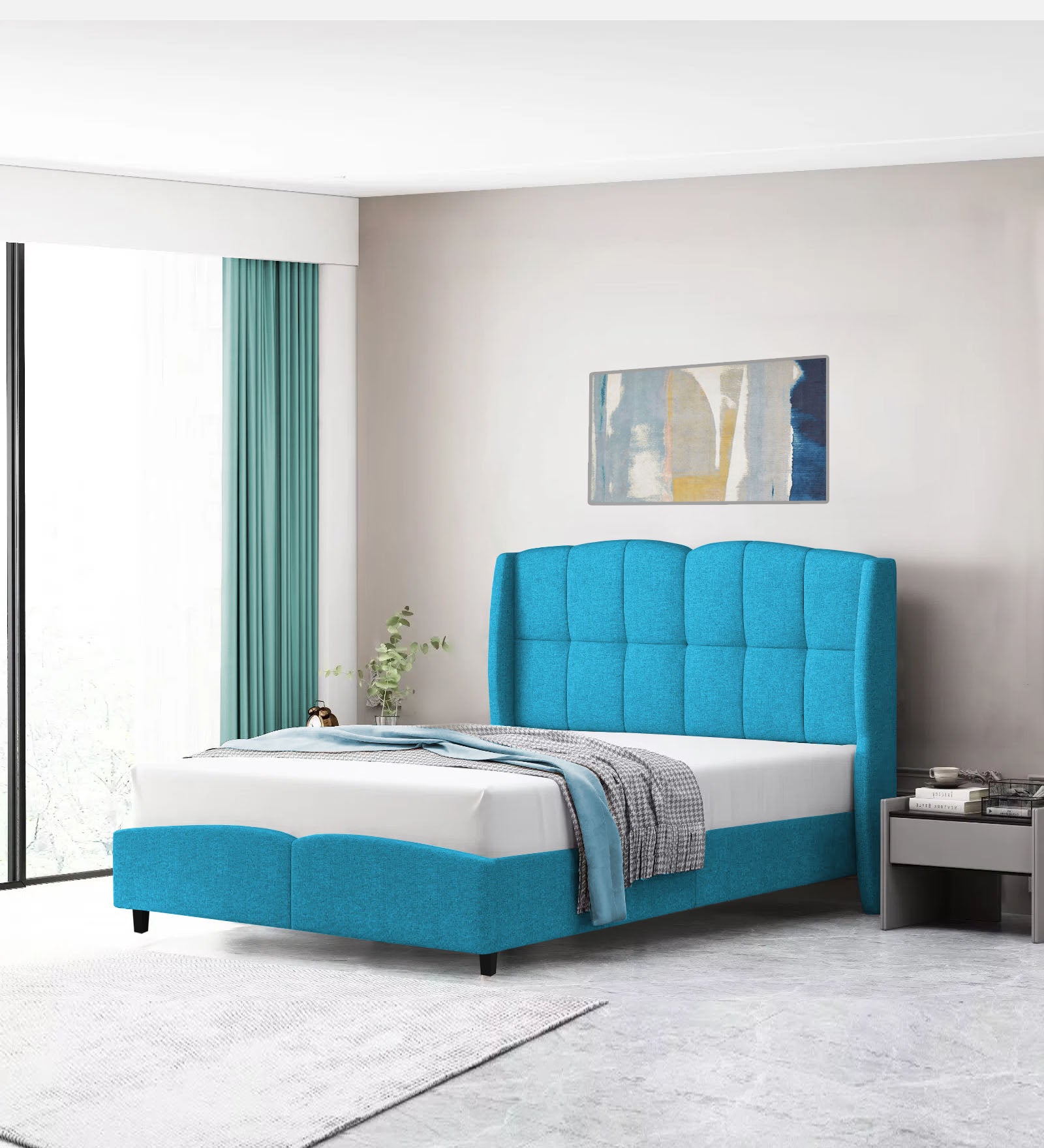 Jovi Velvet Single Size Bed In Aqua Blue Colour - Febonic Living