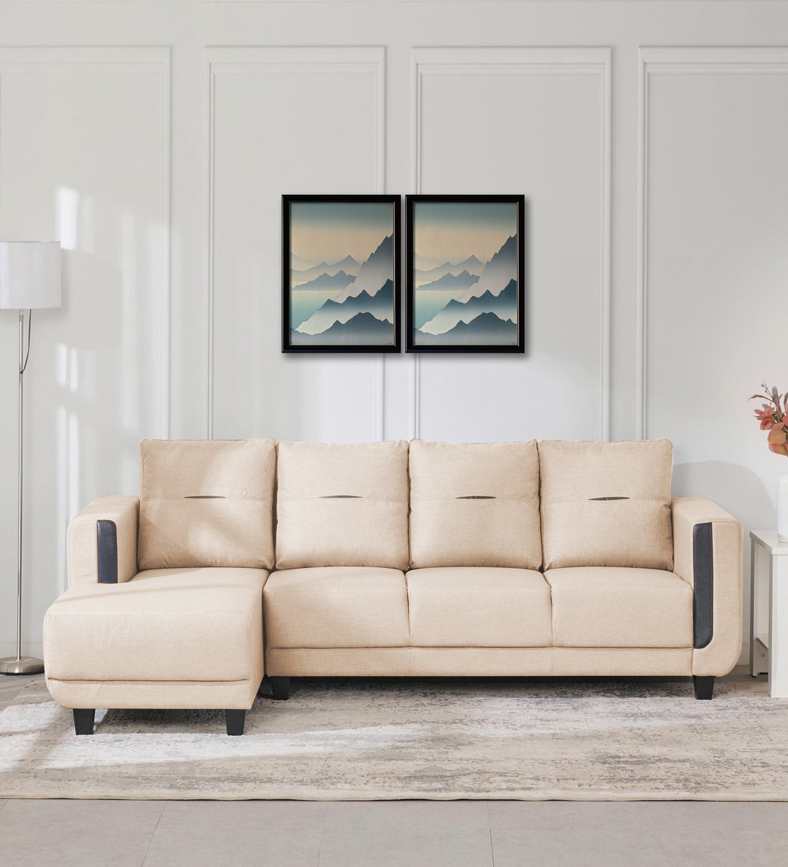 Perry Fabric RHS Sectional Sofa (3+Lounger) In Woom Beige Colour - Febonic Living