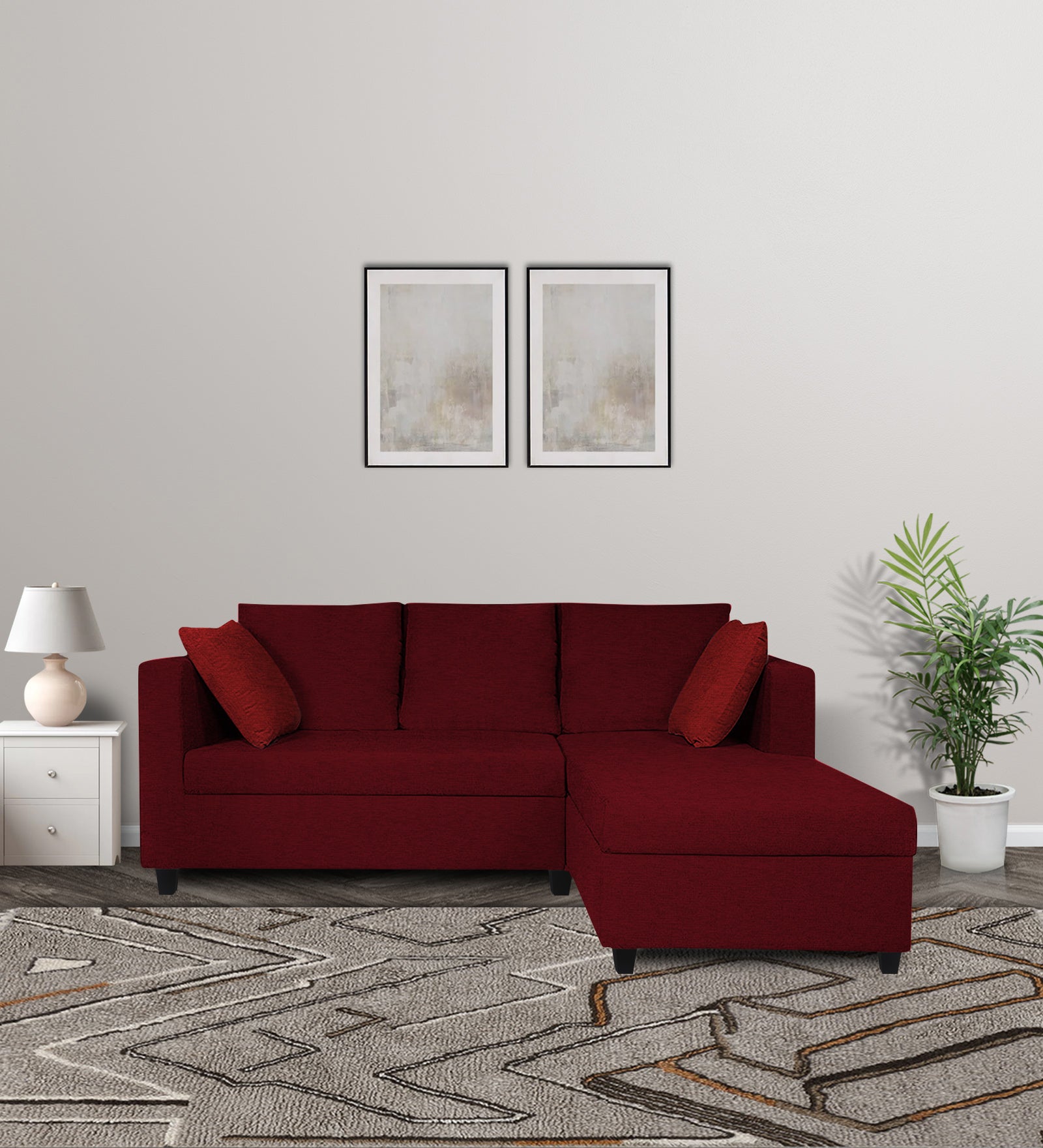 Nebula Fabric LHS Sectional Sofa (2+Lounger) In Ruby Red Colour - Febonic Living
