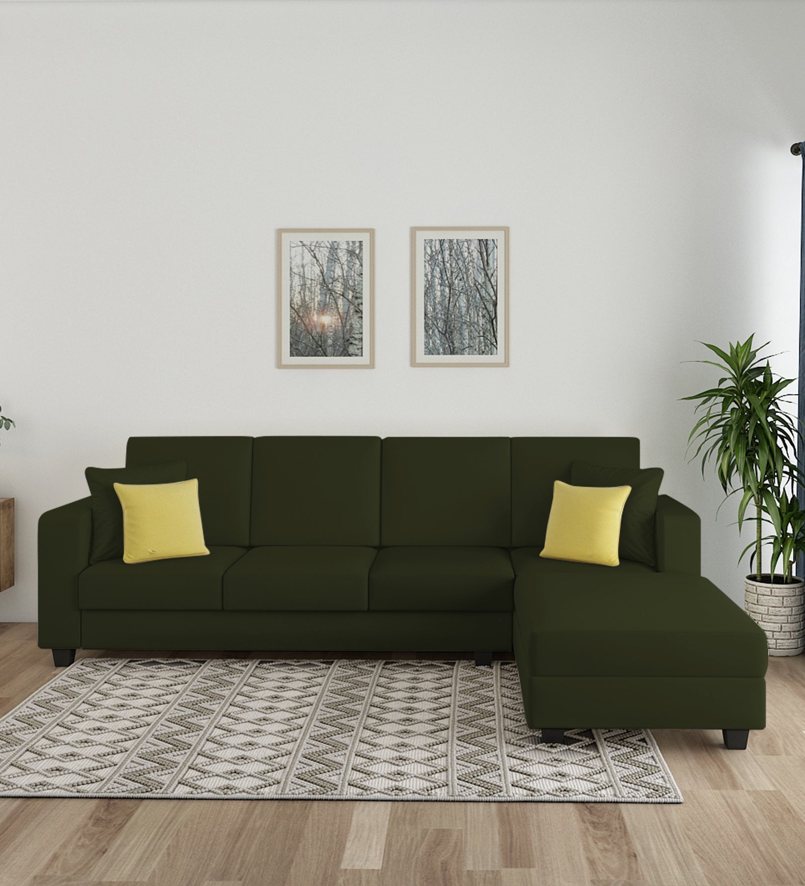 Nabi Fabric LHS Sectional Sofa (3+Lounger) In Olive Green Colour - Febonic Living