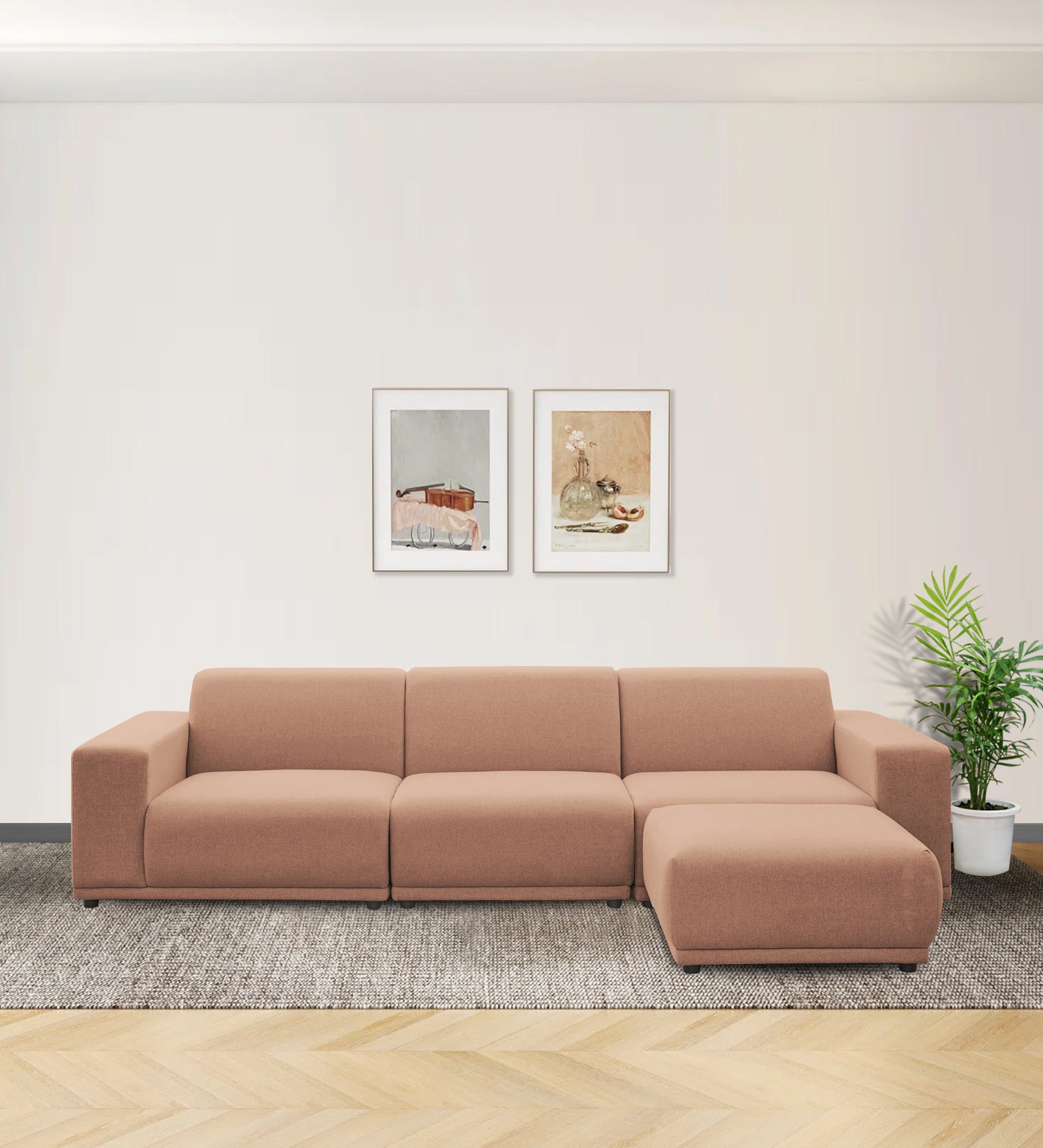 Adam Fabric RHS Sectional Sofa (3+Ottoman Lounger) In Cosmic Beige Colour - Febonic Living