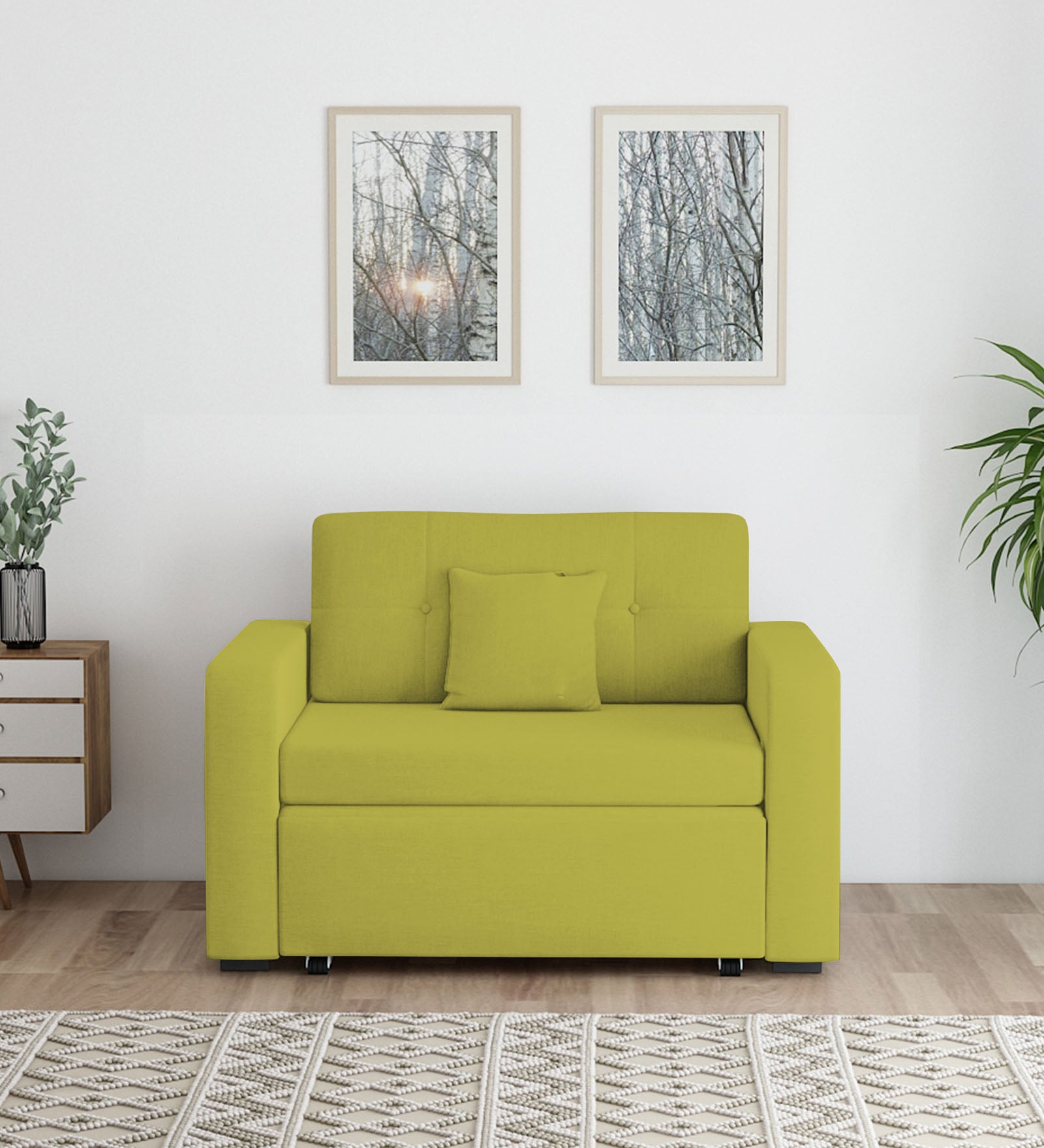 Rocky Fabric 2 Seater Pull Out Sofa Cum Bed In Parrot Green Colour With Storage - Febonic Living