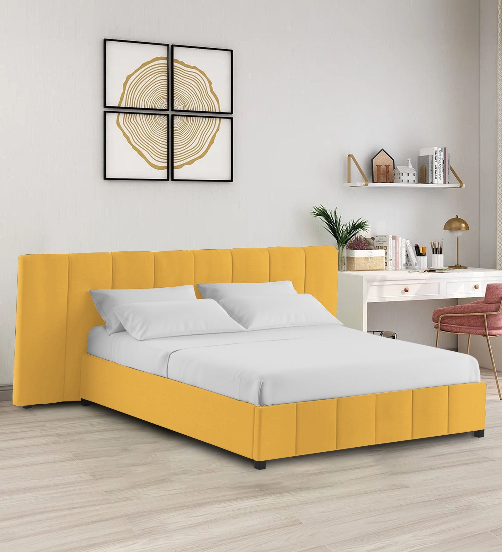 Nora Fabric Queen Size Bed In Bold Yellow Colour With Box Storage - Febonic Living