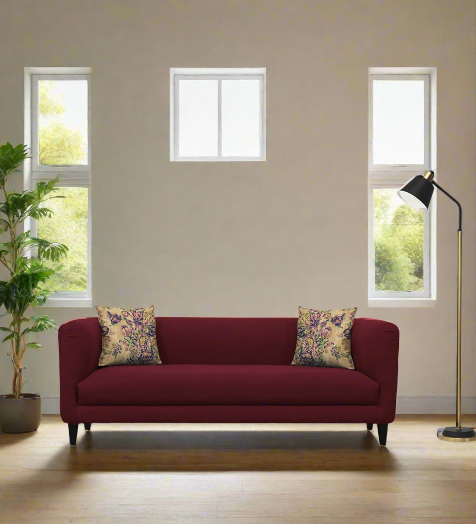 Niki Fabric 3 Seater Sofa In Blood Maroon Colour - Febonic Living