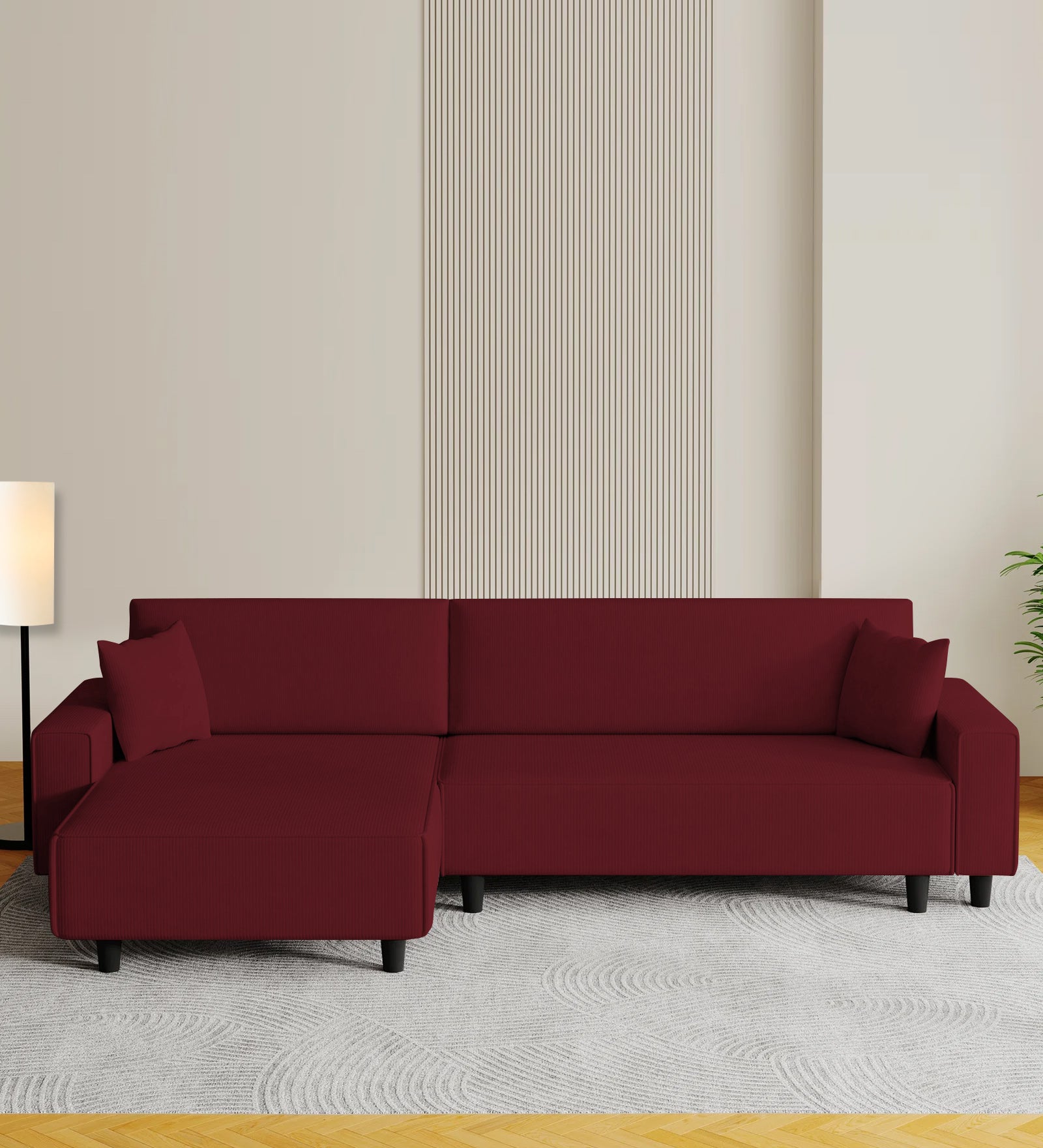 Peach Fabric RHS 6 Seater Sofa Cum Bed With Storage In Blood Maroon Colour - Febonic Living