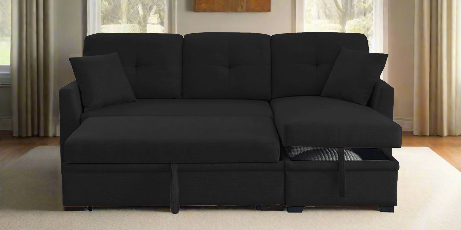 Jody Fabric 3 Seater Pull Out Sofa Cum Bed In Zed Black Colour With Storage - Febonic Living