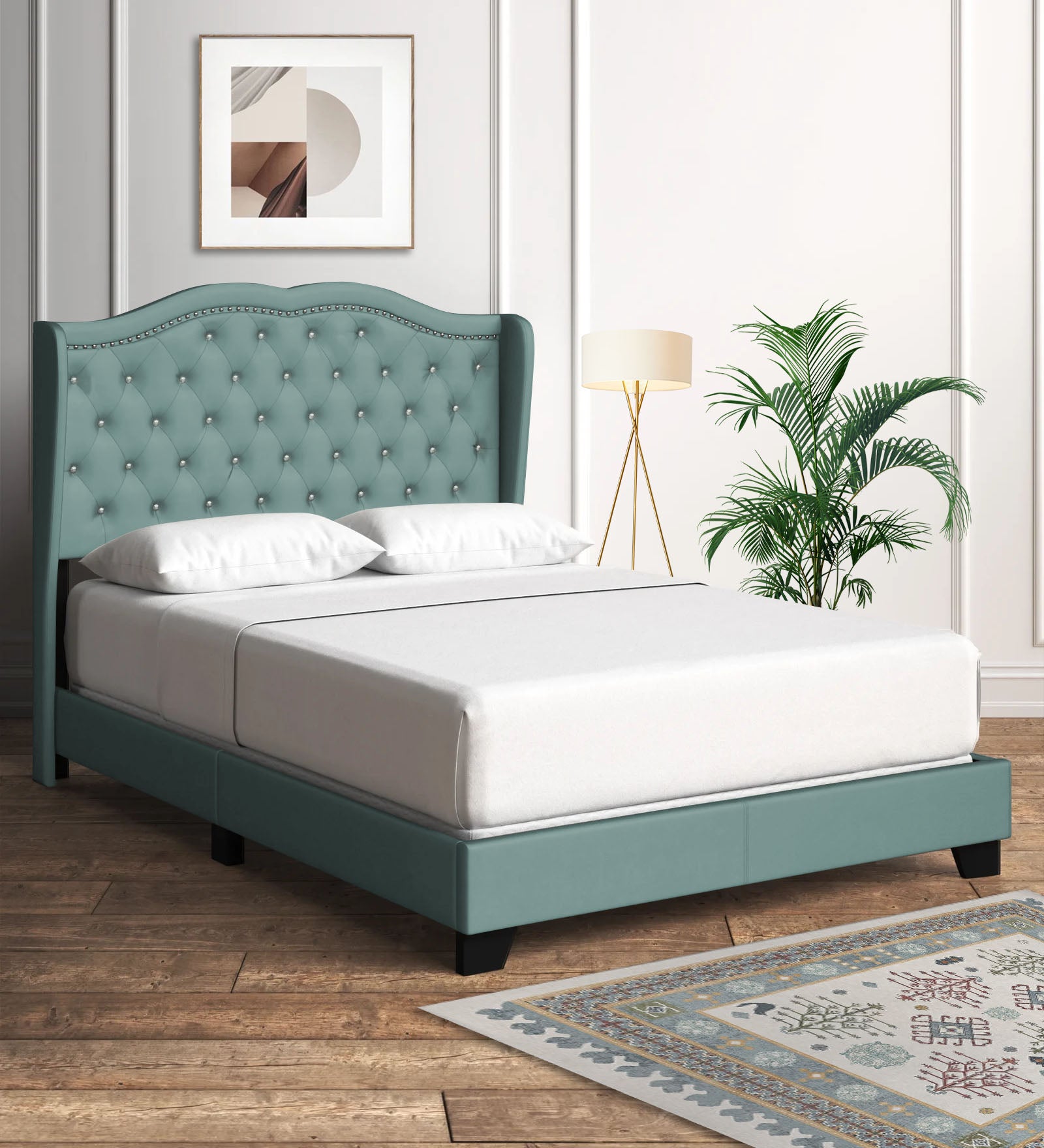 Blake Fabric Queen Size Bed in Suka Blue Colour - Febonic Living