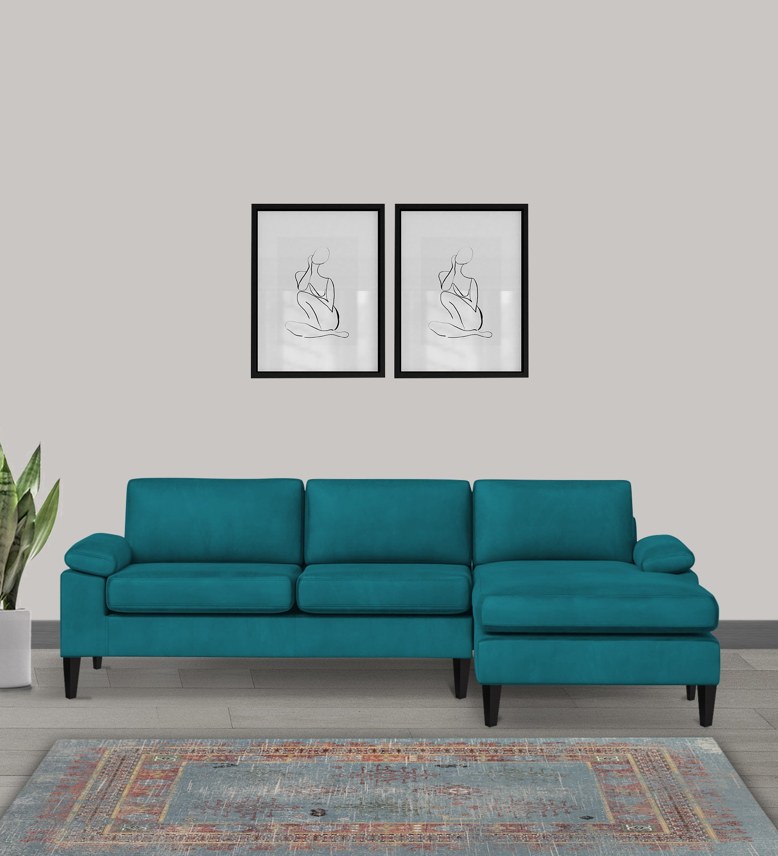 Vegas Velvet LHS Sectional Sofa (3+Lounger) In Pine Green Colour - Febonic Living