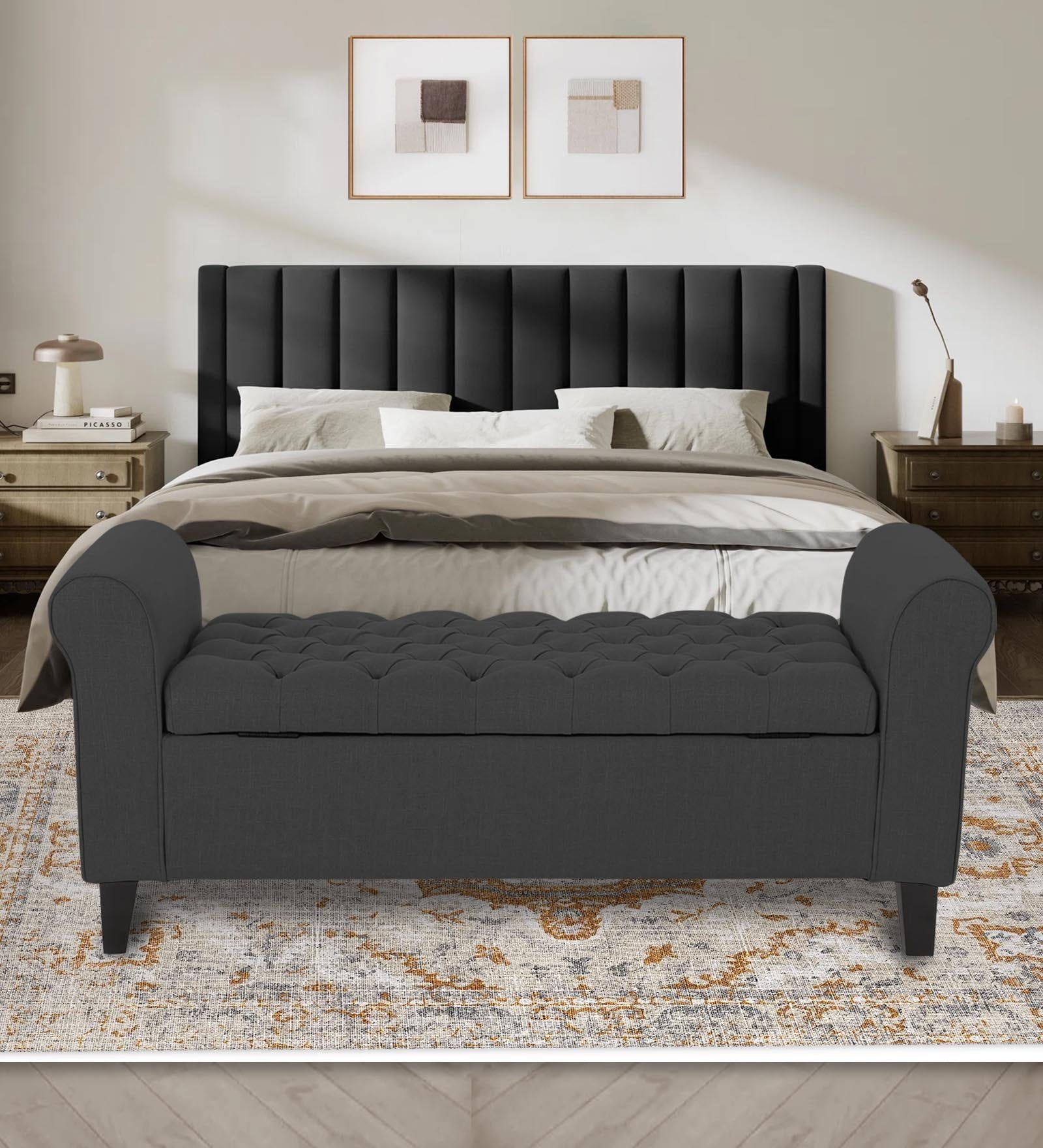 Nowia Fabric 3 Seater Recamier In Charcoal Grey Colour With Storage - Febonic Living