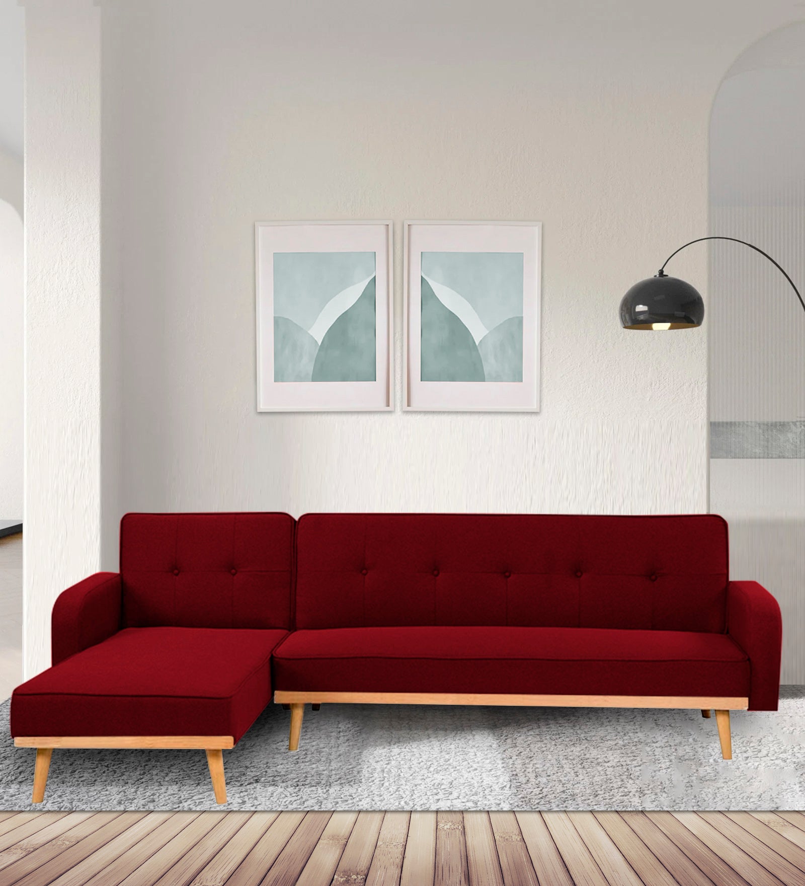 Zuno Fabric RHS Convertible Sofa Cum Bed In Ruby Red Colour - Febonic Living
