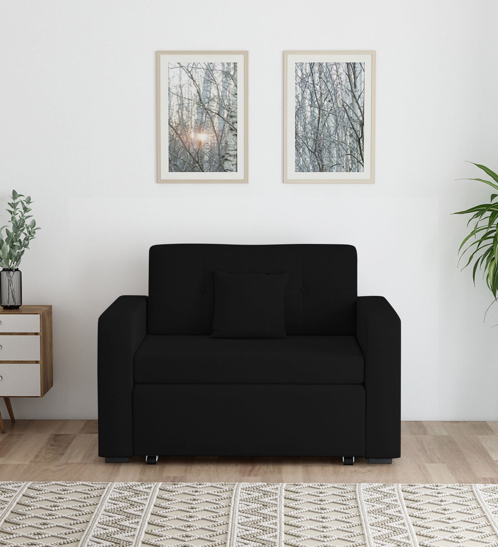 Rocky Fabric 2 Seater Pull Out Sofa Cum Bed In Zed Black Colour With Storage - Febonic Living