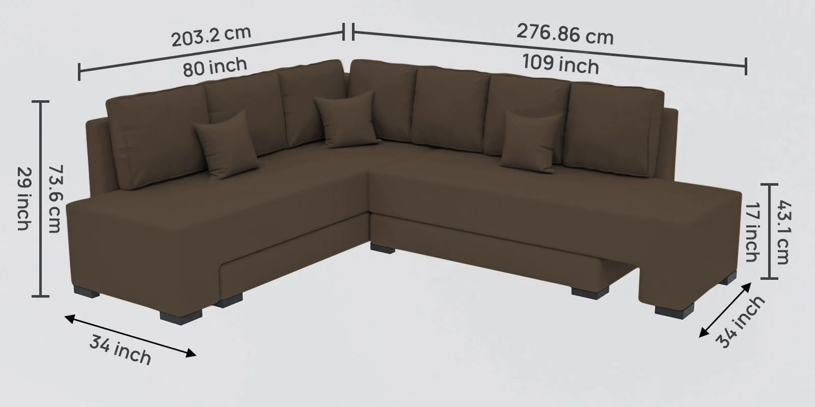 Corby Velvet RHS 6 Seater Convertible Sofa Cum Bed In Shade Brown Colour - Febonic Living