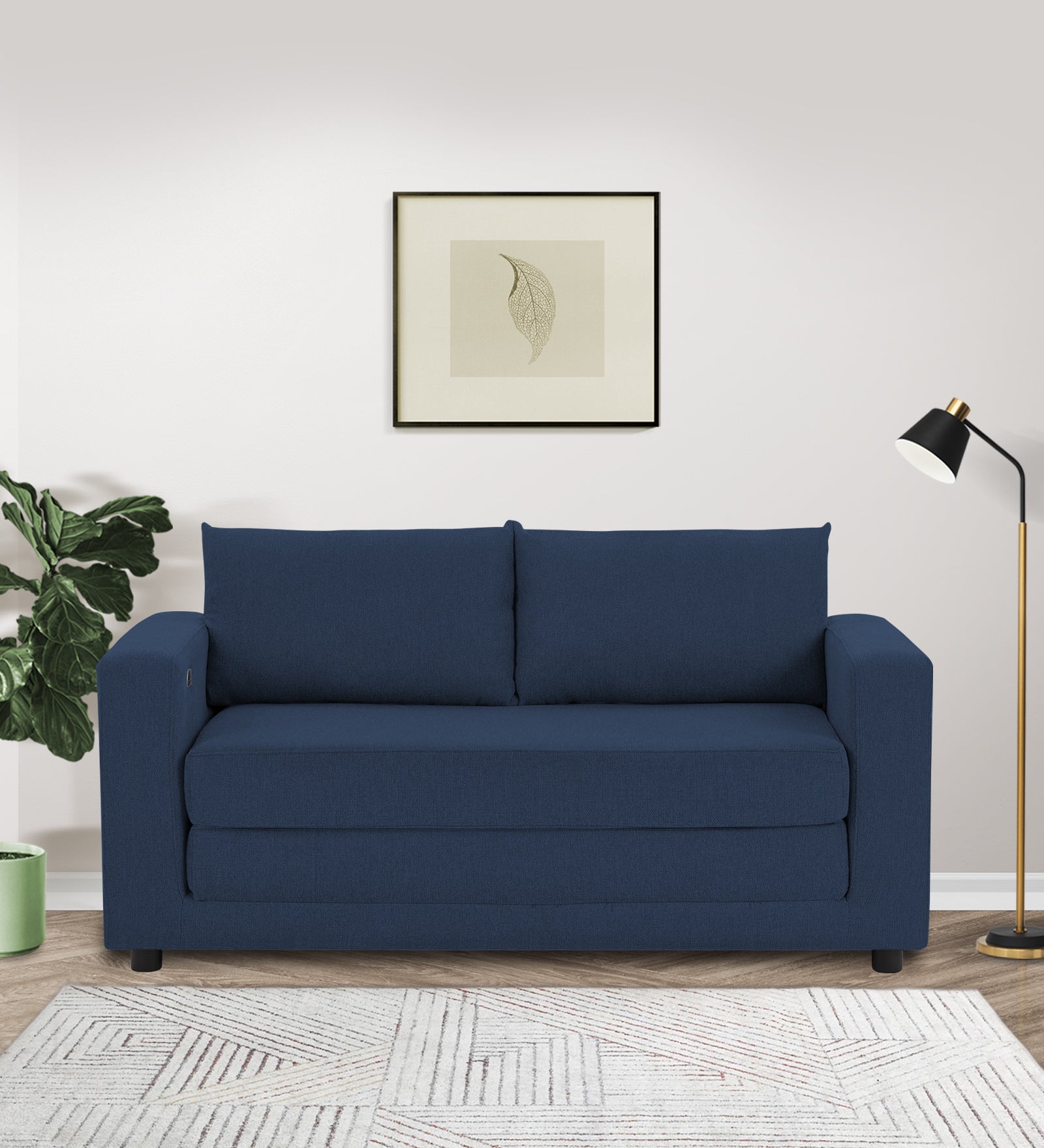 Roman Fabric 3 Seater Foldable Sofa Cum Bed In Denim Blue Colour With USB Portable Type - Febonic Living