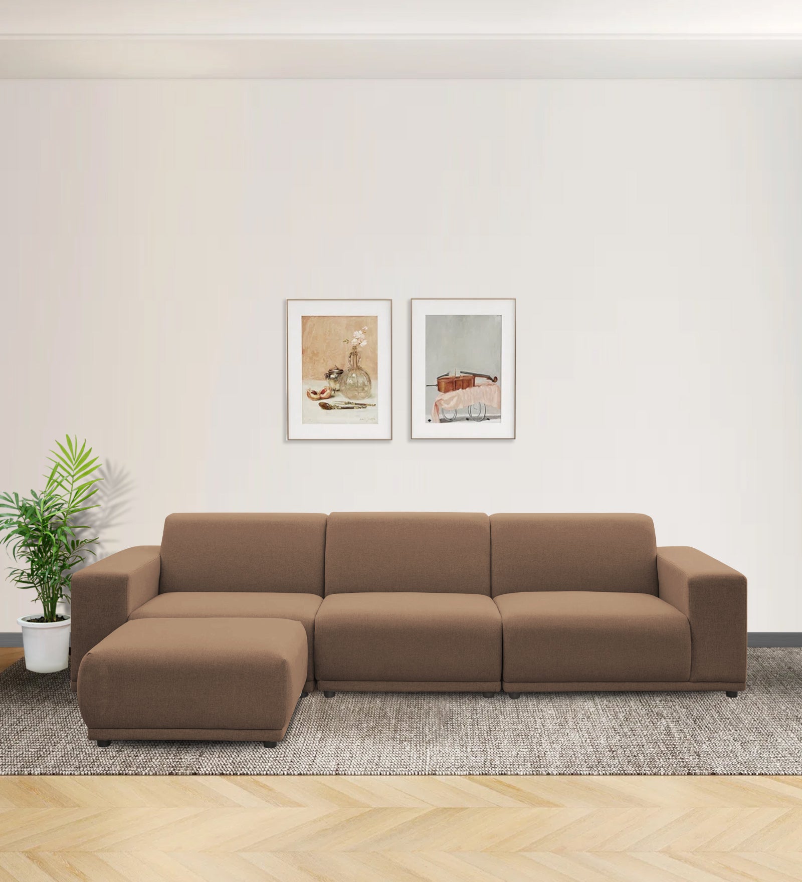 Adam Fabric LHS Sectional Sofa (3+Ottoman Lounger) In Cookie Beige Colour - Febonic Living