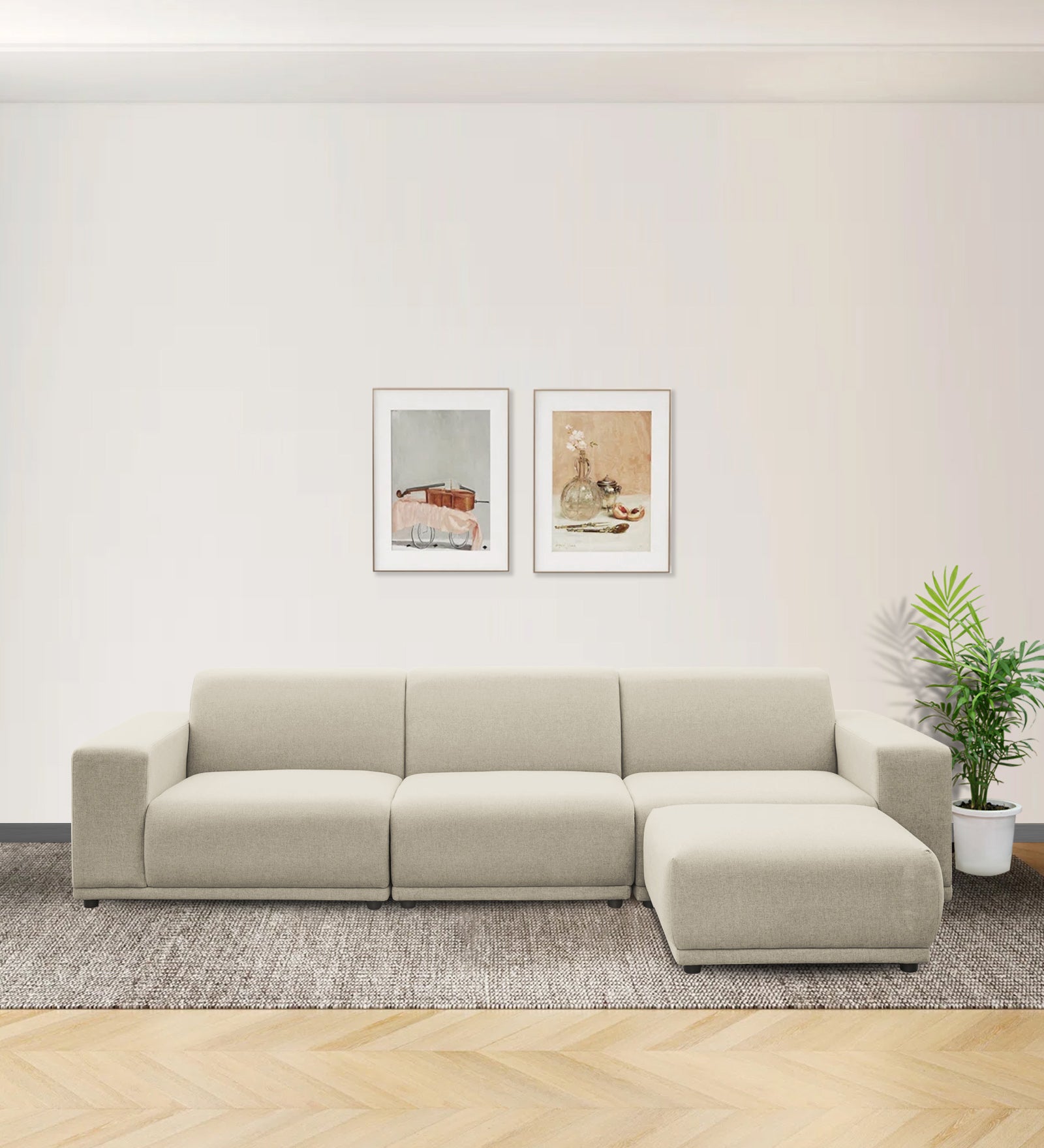 Adam Fabric RHS Sectional Sofa (3+Ottoman Lounger) In Ivory Cream Colour - Febonic Living