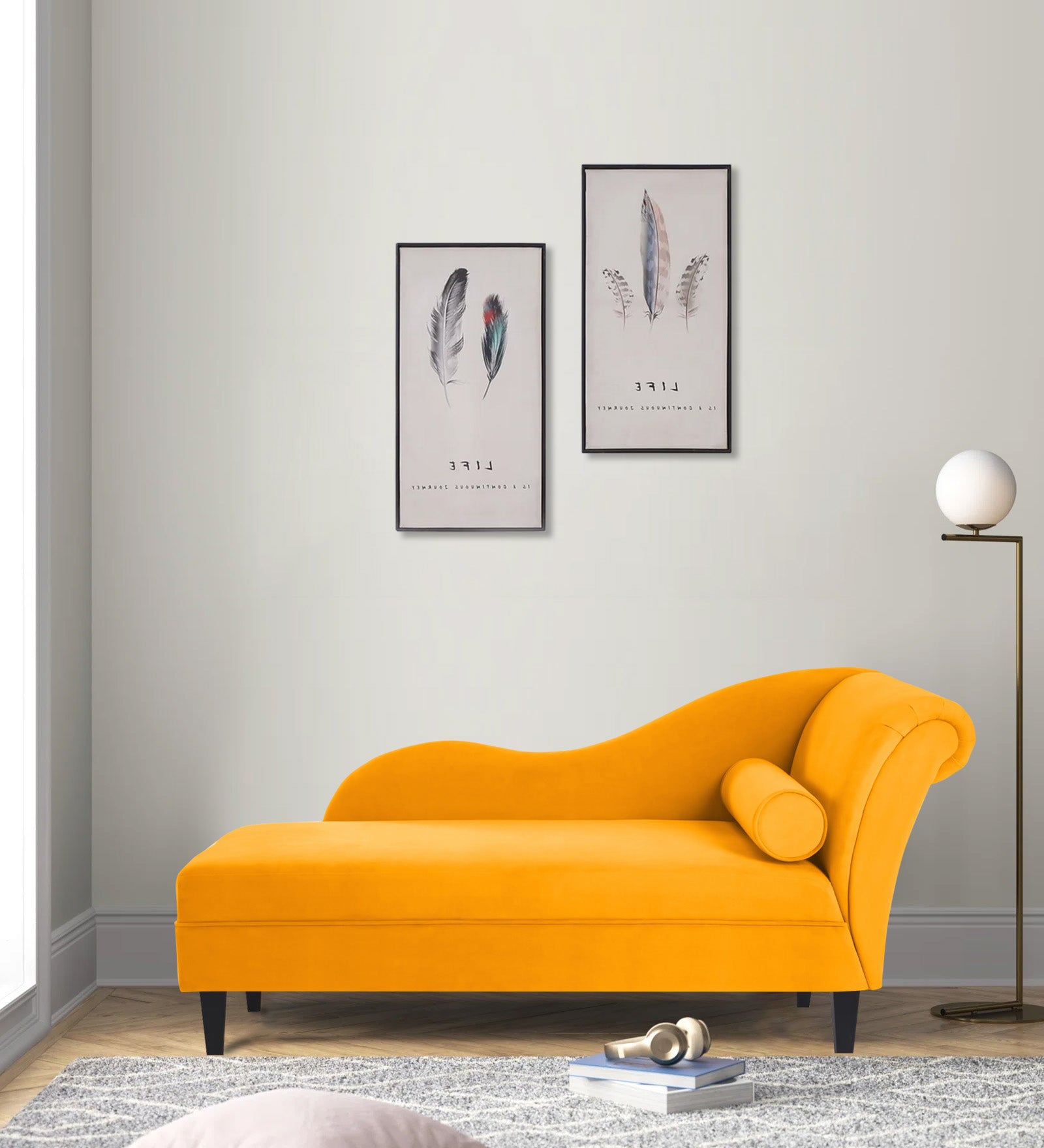 Rana Velvet LHS Chaise Lounger In Saffron Yellow Colour - Febonic Living