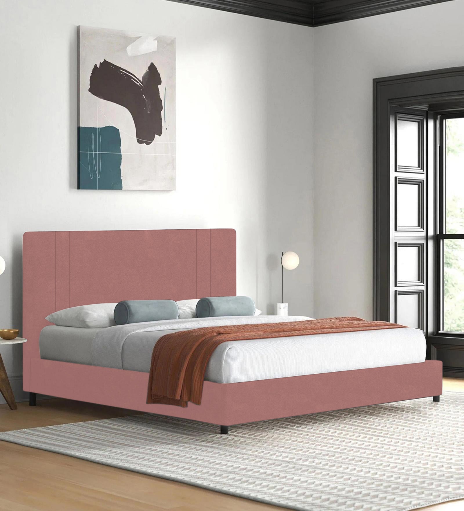 Asyra Velvet Queen Size Bed in Blush Pink Colour With Box Storage - Febonic Living