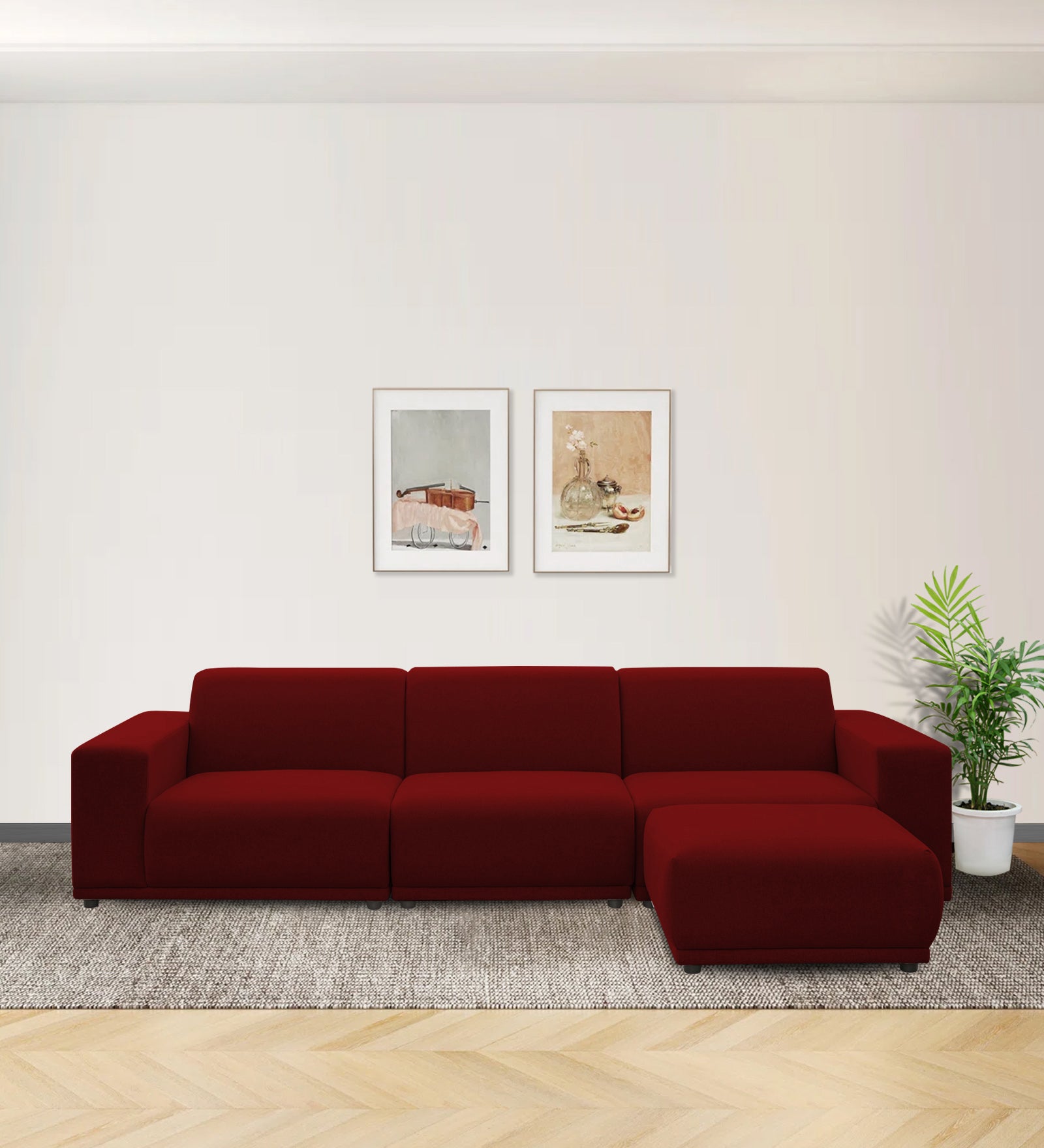 Adam Fabric RHS Sectional Sofa (3+Ottoman Lounger) In Blood Maroon Colour - Febonic Living