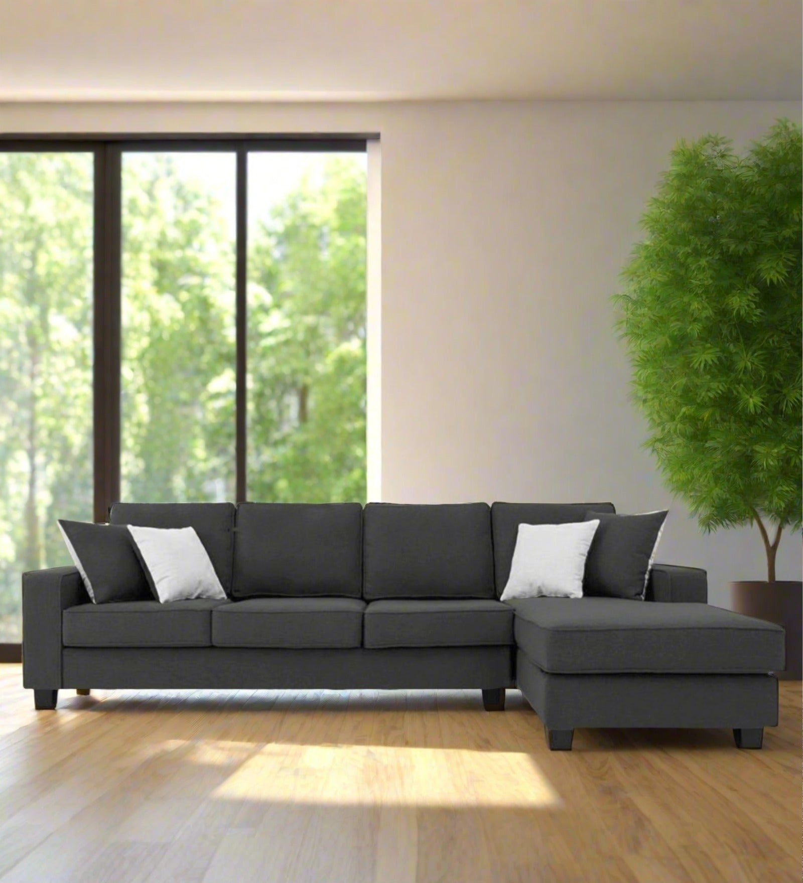 Ladybug Fabric LHS Sectional Sofa (3+Lounger) In Charcoal Grey Colour - Febonic Living