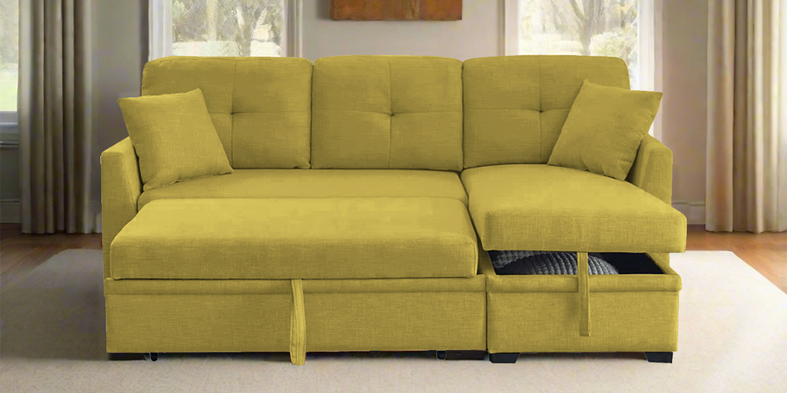 Jody Fabric 3 Seater Pull Out Sofa Cum Bed In Parrot Green Colour With Storage - Febonic Living