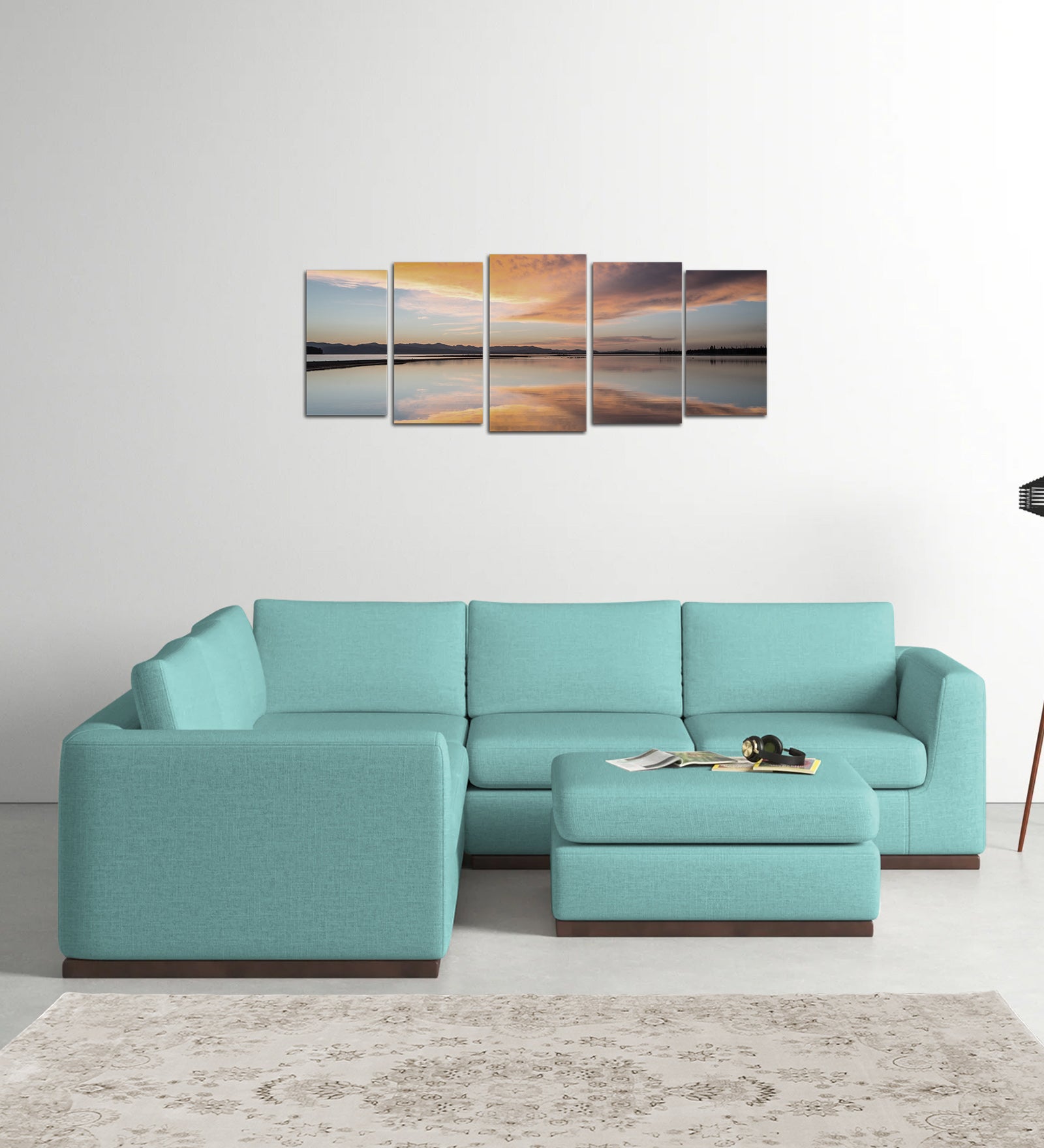 Freedom Velvet 6 Seater LHS Corner Sofa In Barmunda Aqua Colour With Ottoman - Febonic Living
