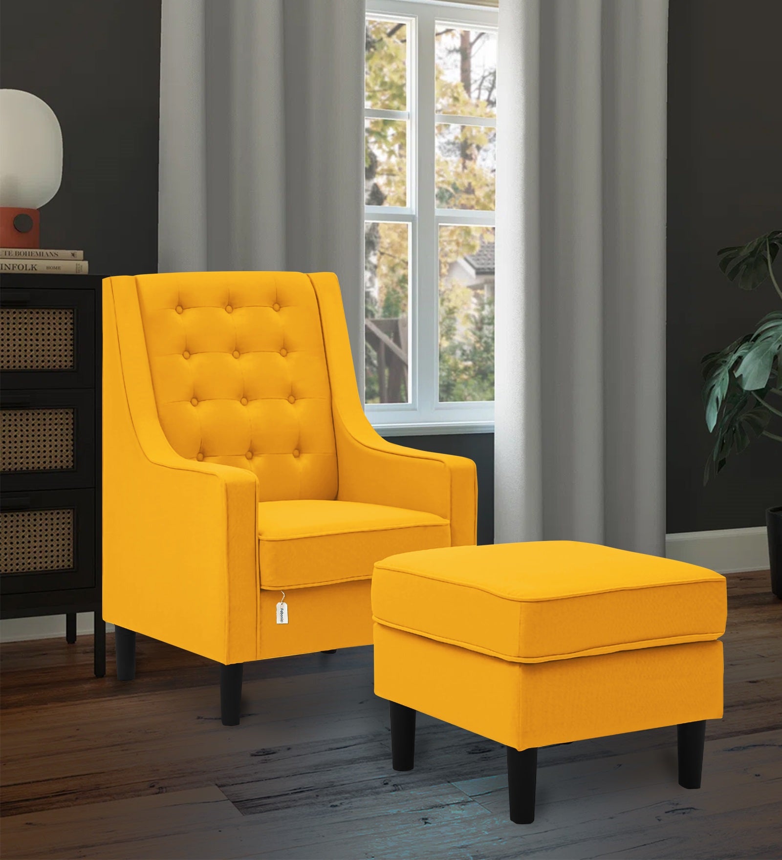 Sona Fabric Barrel Chair + Ottoman in Bold Yellow Colour