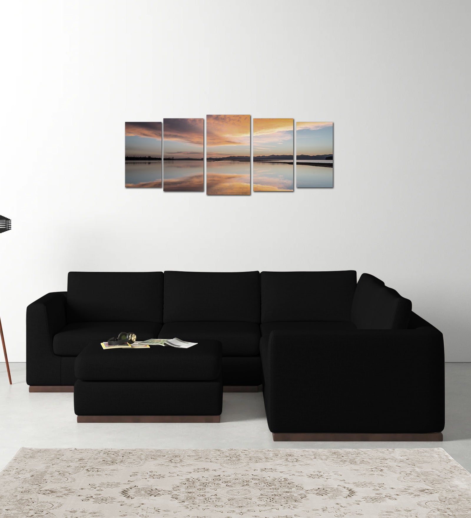 Freedom Velvet 6 Seater RHS Corner Sofa In Adam Black Colour With Ottoman - Febonic Living
